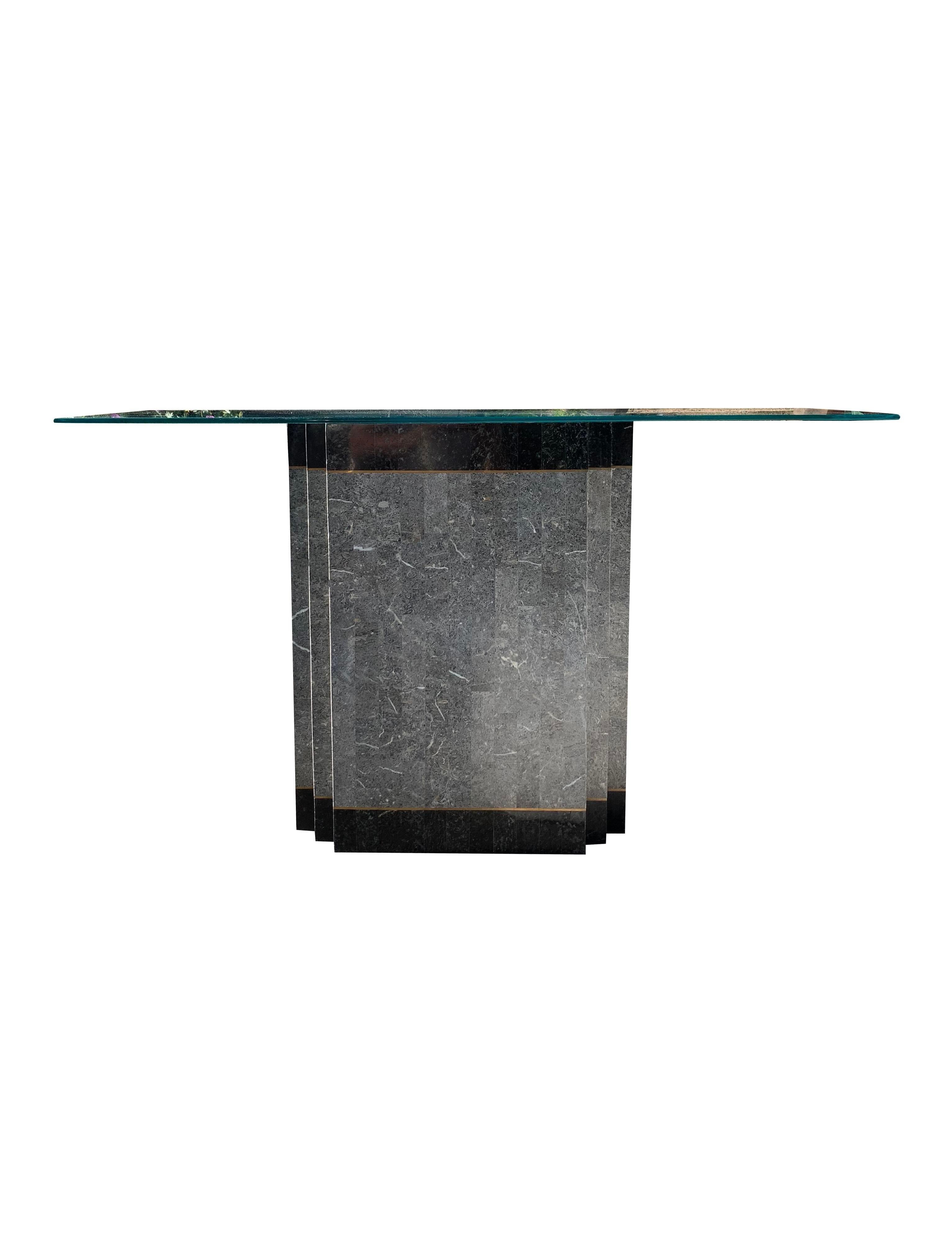 1980s Faux Marble Modern Tessellated Deco Console Glass Table In Good Condition For Sale In Saddle River, NJ