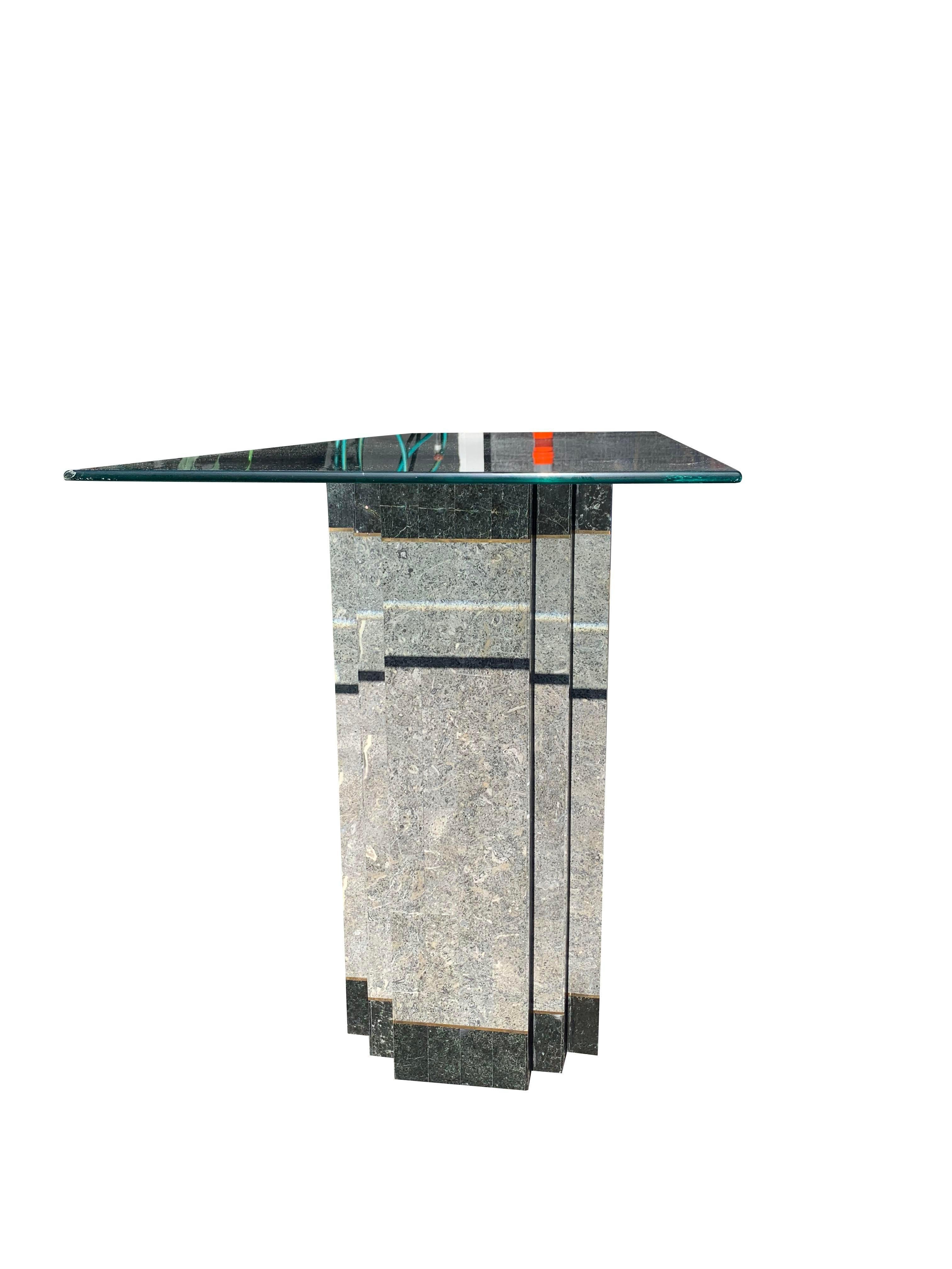 Late 20th Century 1980s Faux Marble Modern Tessellated Deco Console Glass Table For Sale