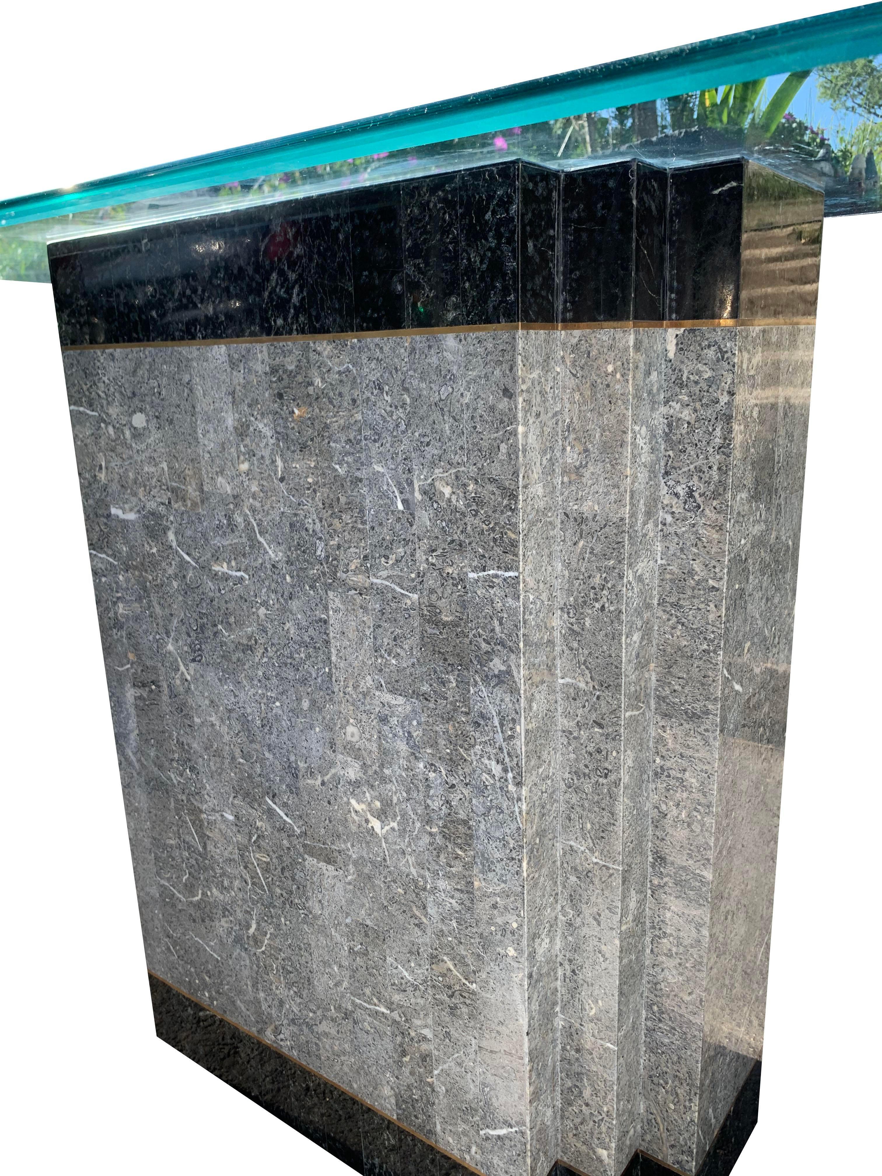Gold 1980s Faux Marble Modern Tessellated Deco Console Glass Table For Sale