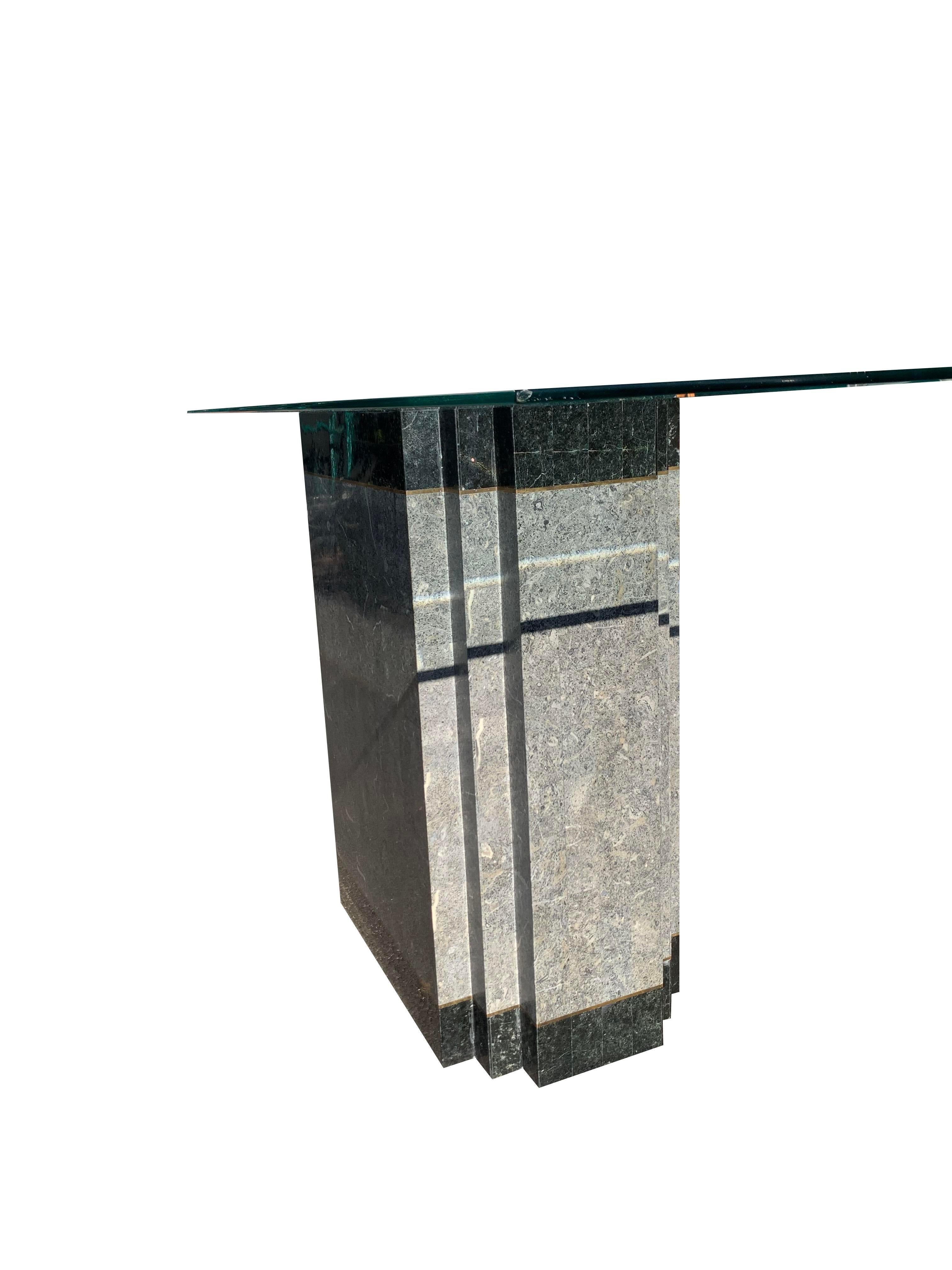 1980s Faux Marble Modern Tessellated Deco Console Glass Table For Sale 1