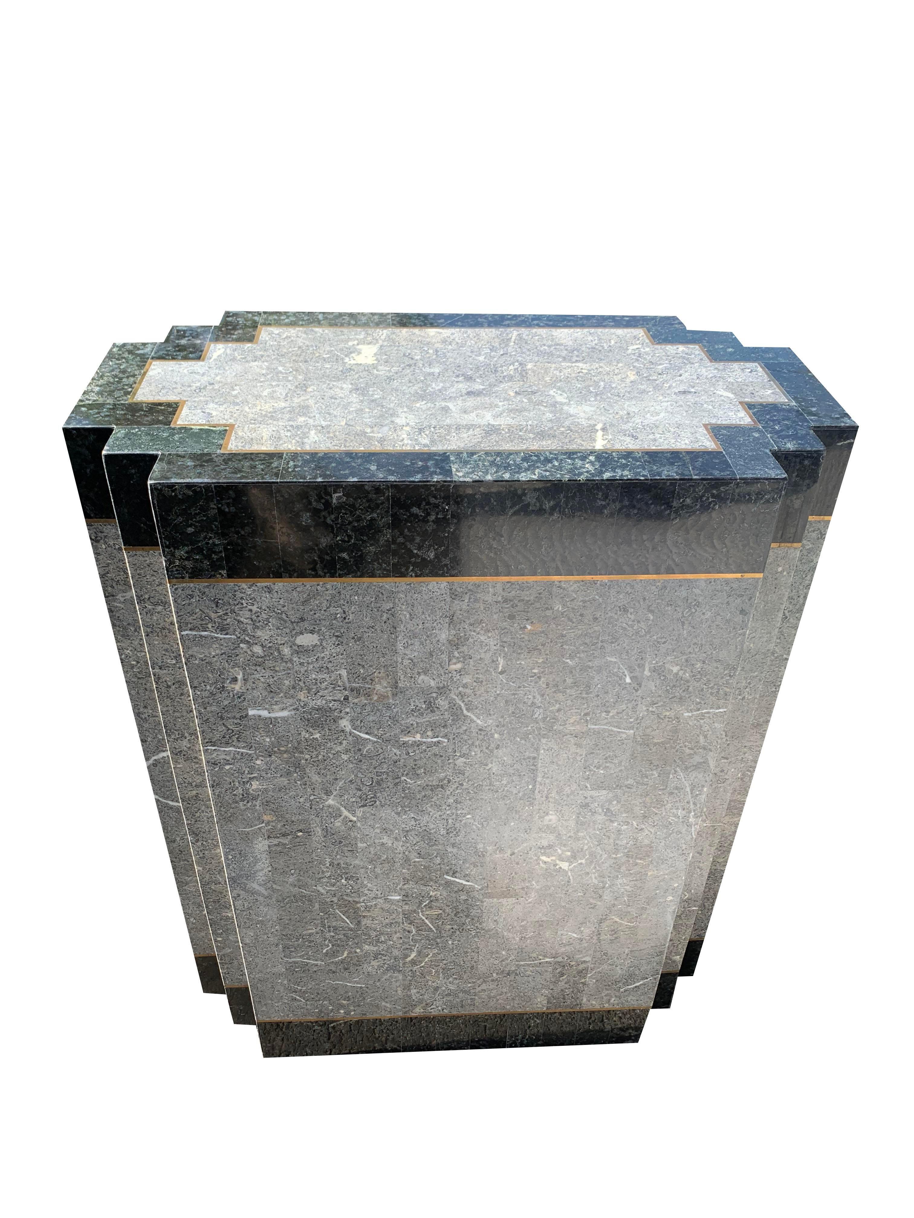 1980s Faux Marble Modern Tessellated Deco Console Glass Table For Sale 2