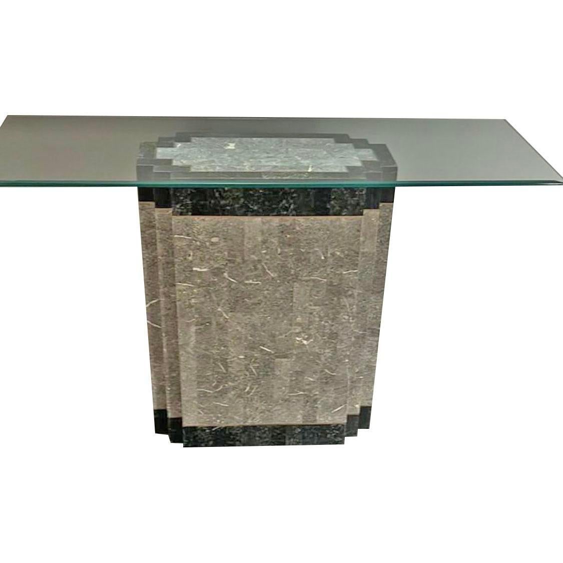 1980s Faux Marble Modern Tessellated Deco Console Glass Table For Sale 3