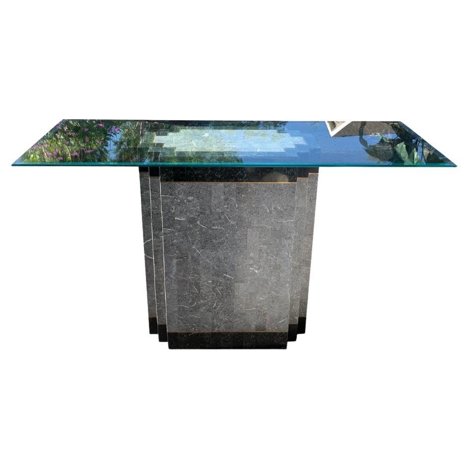 1980er Kunstmarmor Modern Tessellated Deco Konsole Glastisch