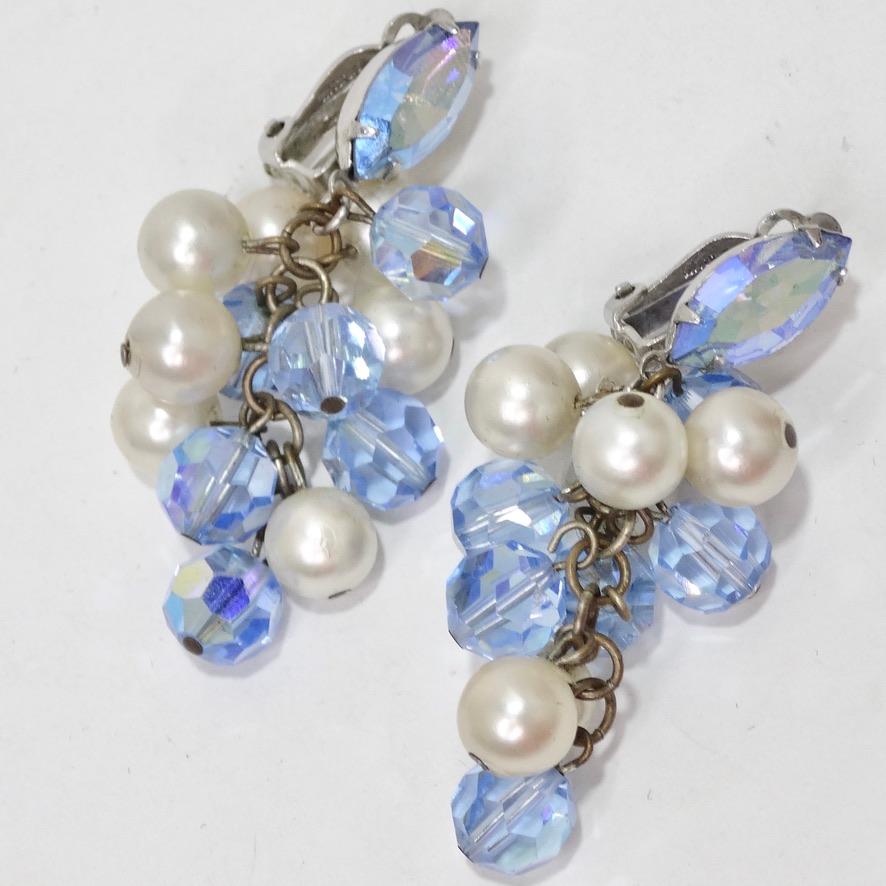 1980s Faux Pearl Blue Rhinestone Dangle Earrings In Excellent Condition For Sale In Scottsdale, AZ