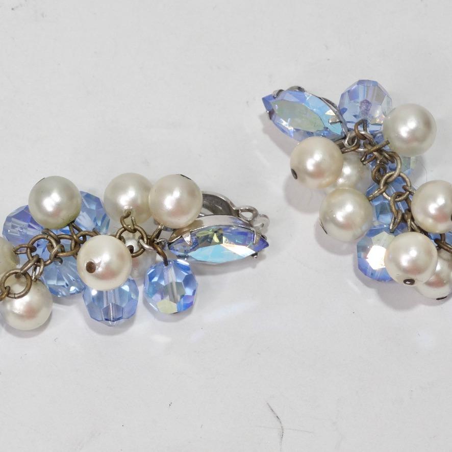 Women's or Men's 1980s Faux Pearl Blue Rhinestone Dangle Earrings For Sale