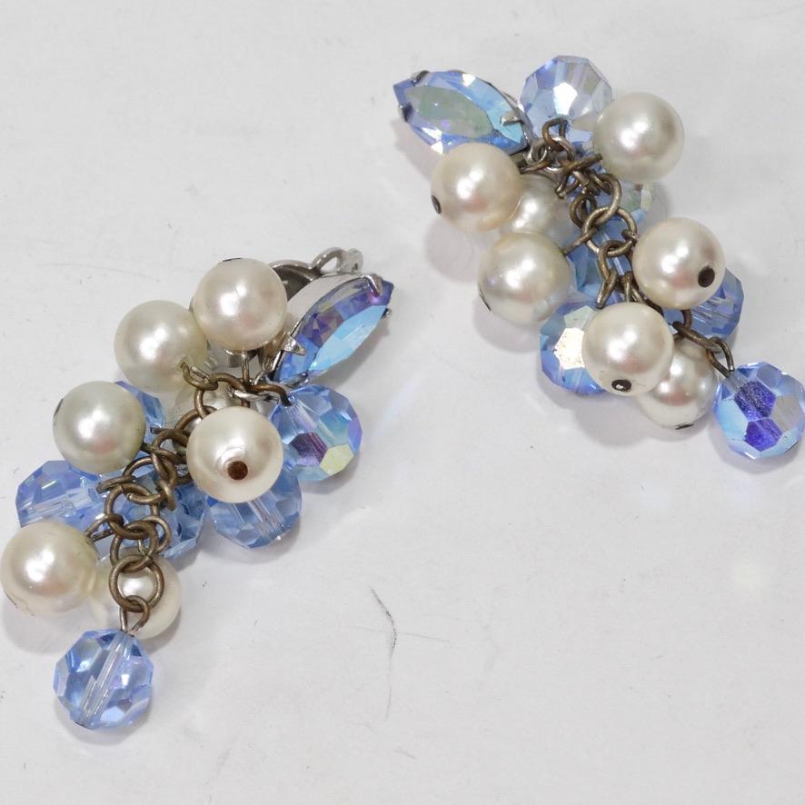 1980s Faux Pearl Blue Rhinestone Dangle Earrings For Sale 1