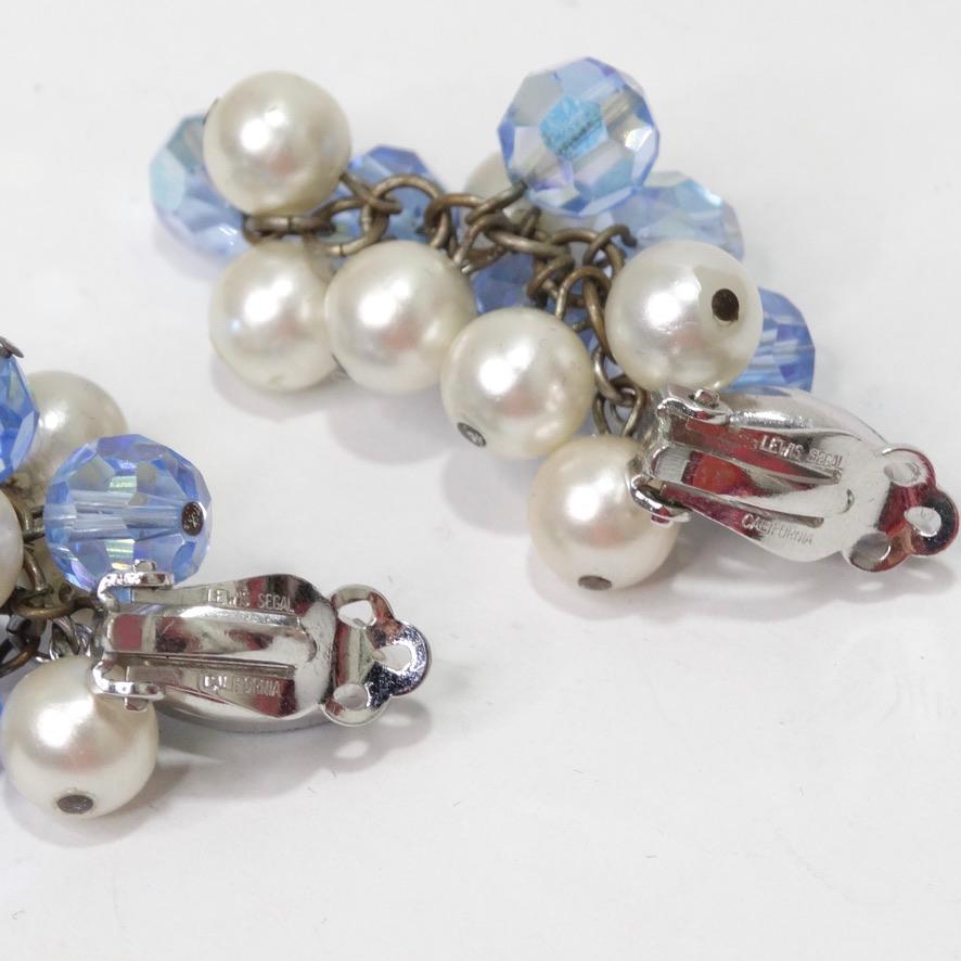 1980s Faux Pearl Blue Rhinestone Dangle Earrings For Sale 2