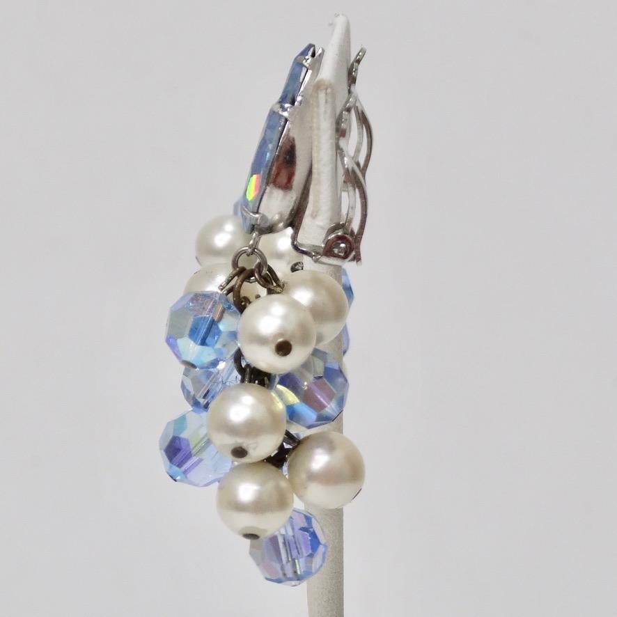 1980s Faux Pearl Blue Rhinestone Dangle Earrings For Sale 4