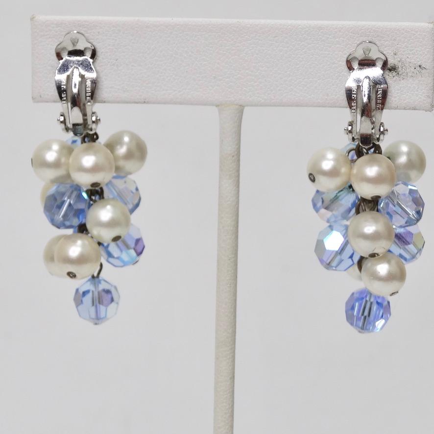 1980s Faux Pearl Blue Rhinestone Dangle Earrings For Sale 5