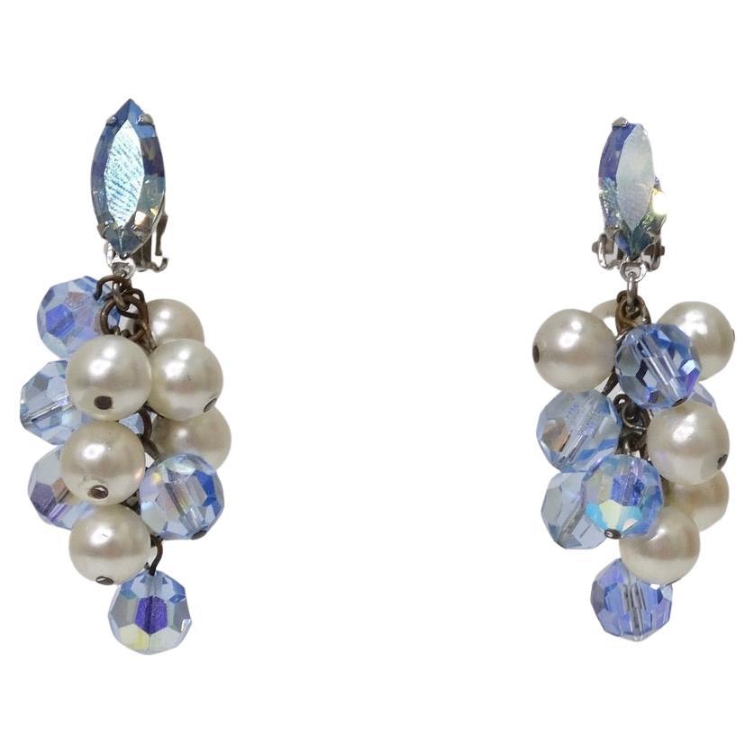 1980s Faux Pearl Blue Rhinestone Dangle Earrings For Sale