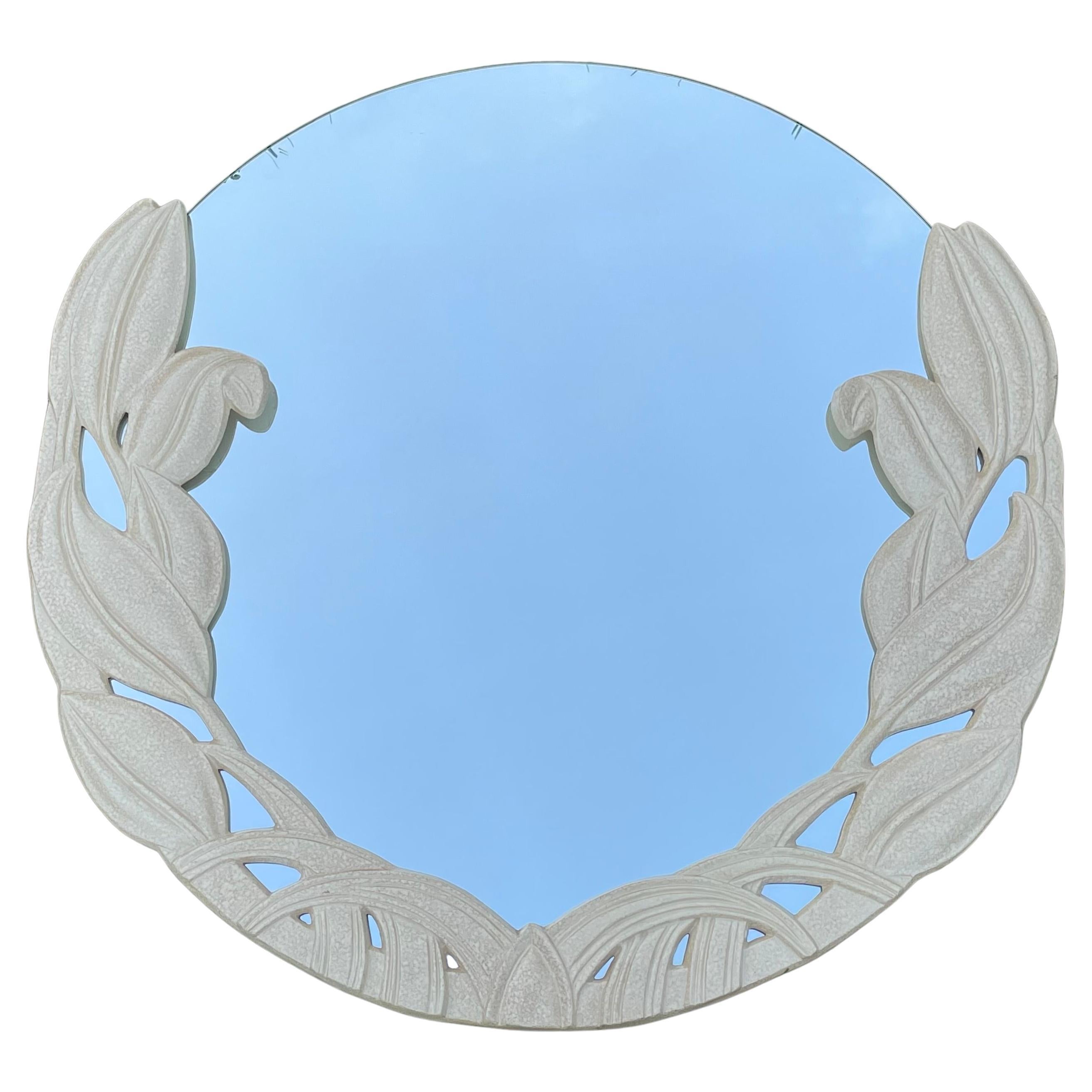 1980s Faux Travertine Sculptural Orchid Round Mirror For Sale