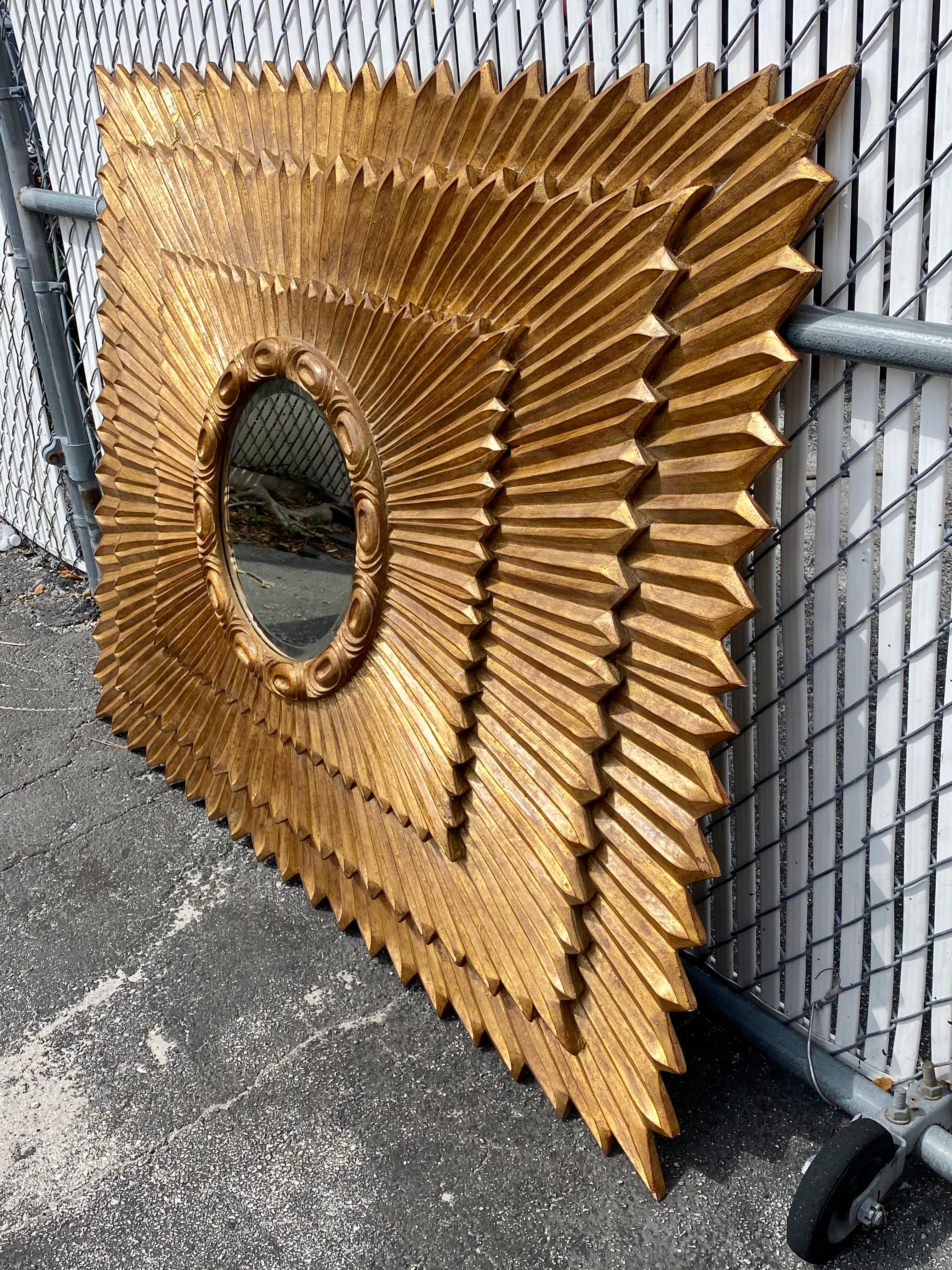 Mid-Century Modern 1980s Faux Wood Fiberglass Bronze Sunburst Tier Large Mirror For Sale