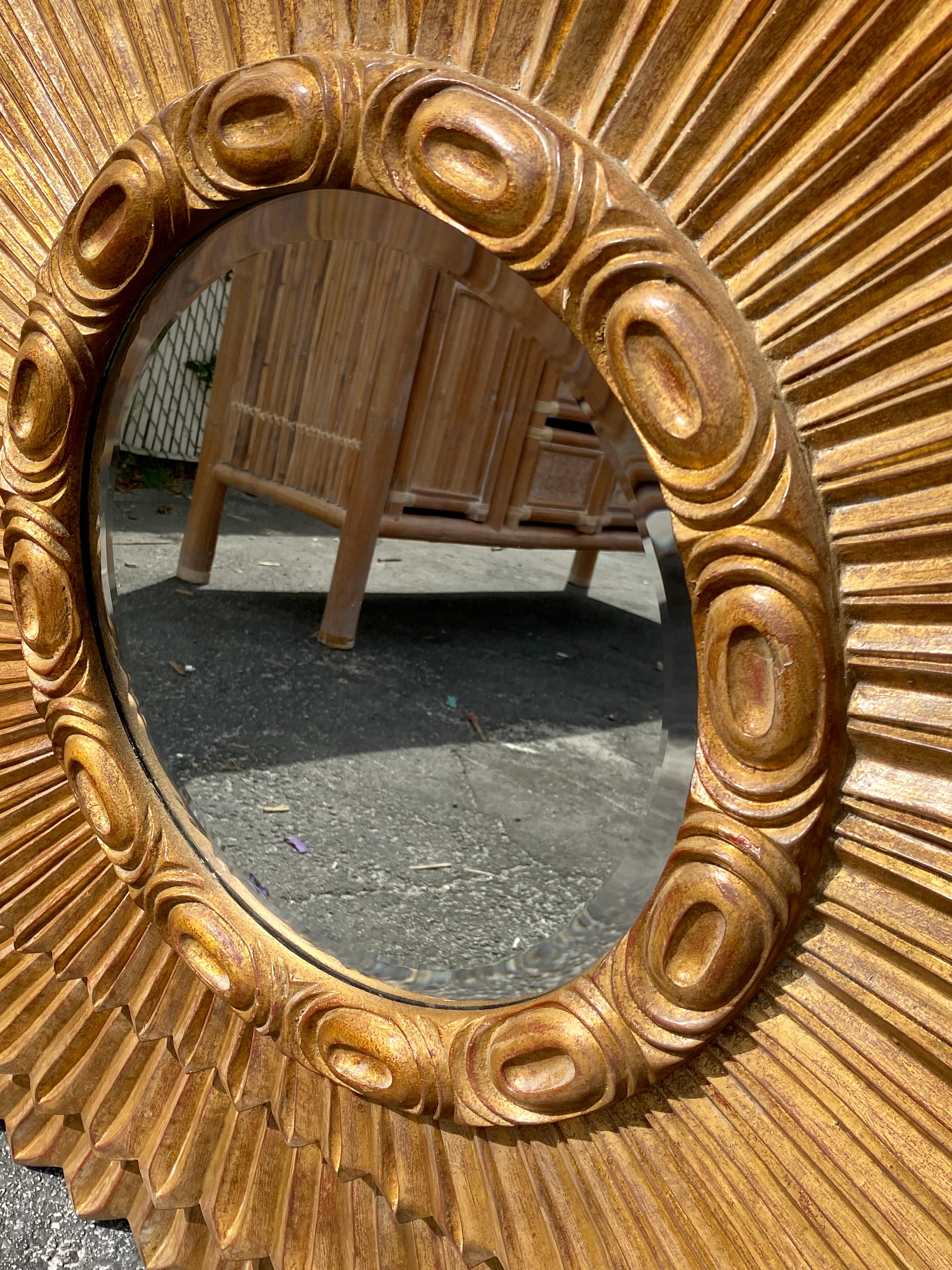 1980s Faux Wood Fiberglass Bronze Sunburst Tier Large Mirror For Sale 3