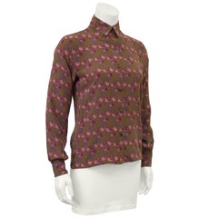 1980s Ferragamo Brown Floral Silk Blouse