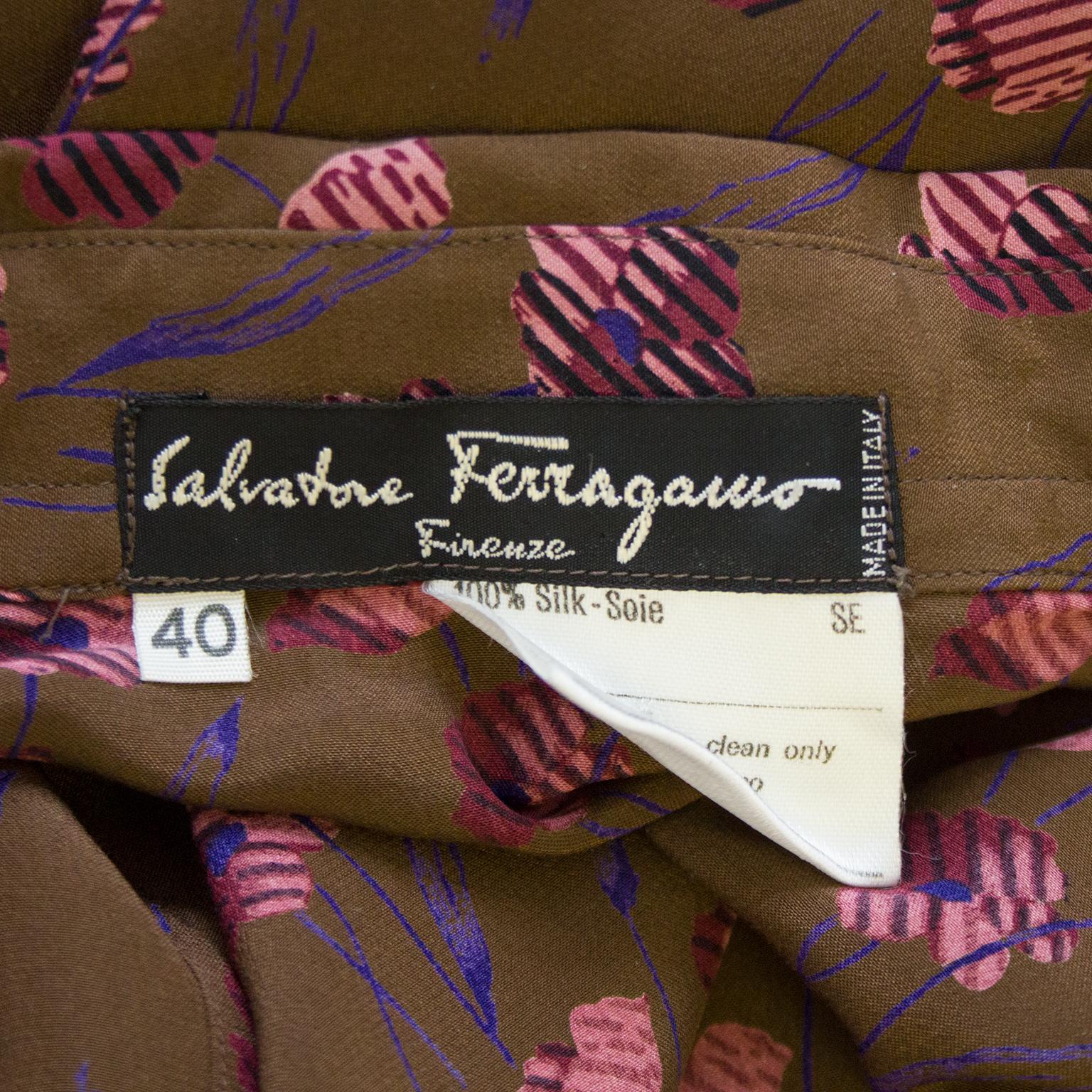 Women's 1980s Ferragamo Brown Floral Silk Blouse For Sale