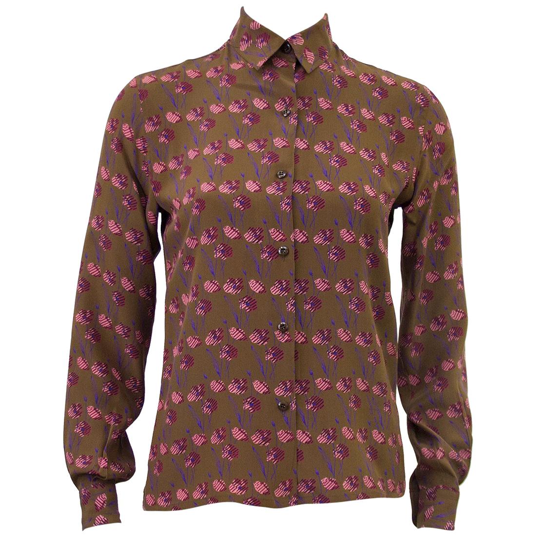 1980s Ferragamo Brown Floral Silk Blouse For Sale