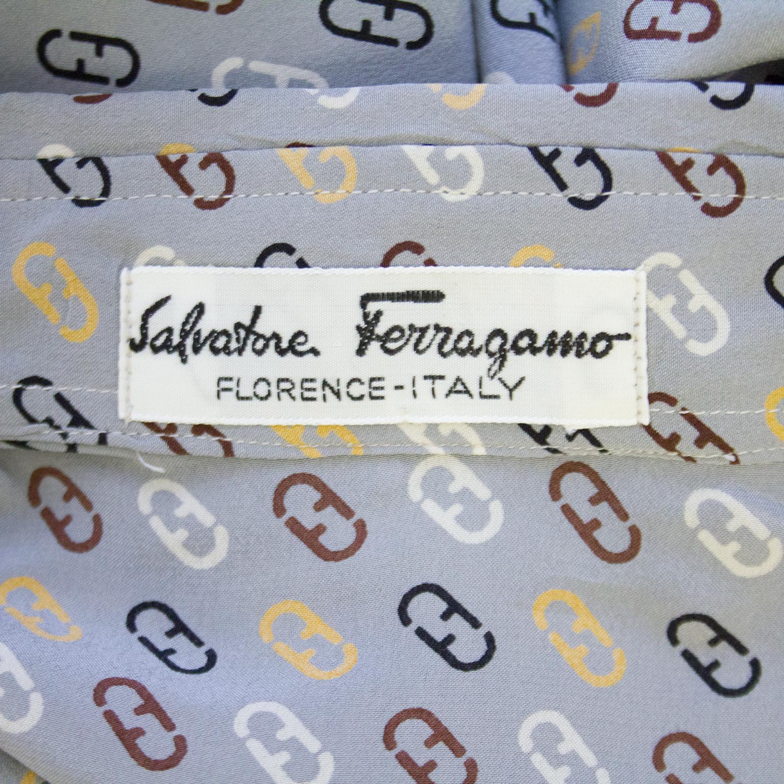 1980s Ferragamo Gray Silk Blouse with Logo Link Pattern 2