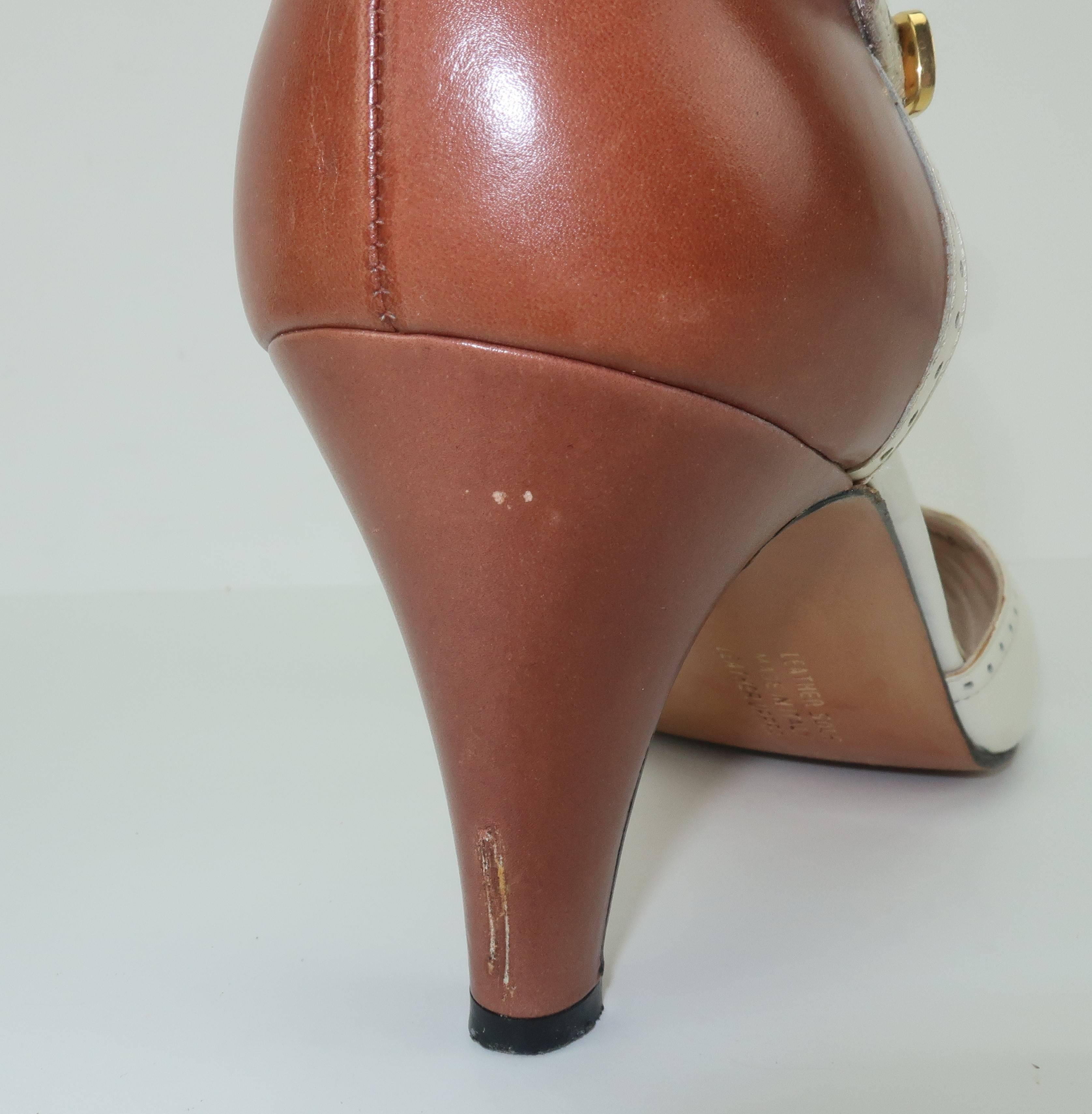 Women's 1980's Ferragamo Leather T-Strap Spectator Shoes Sz 7 1/2