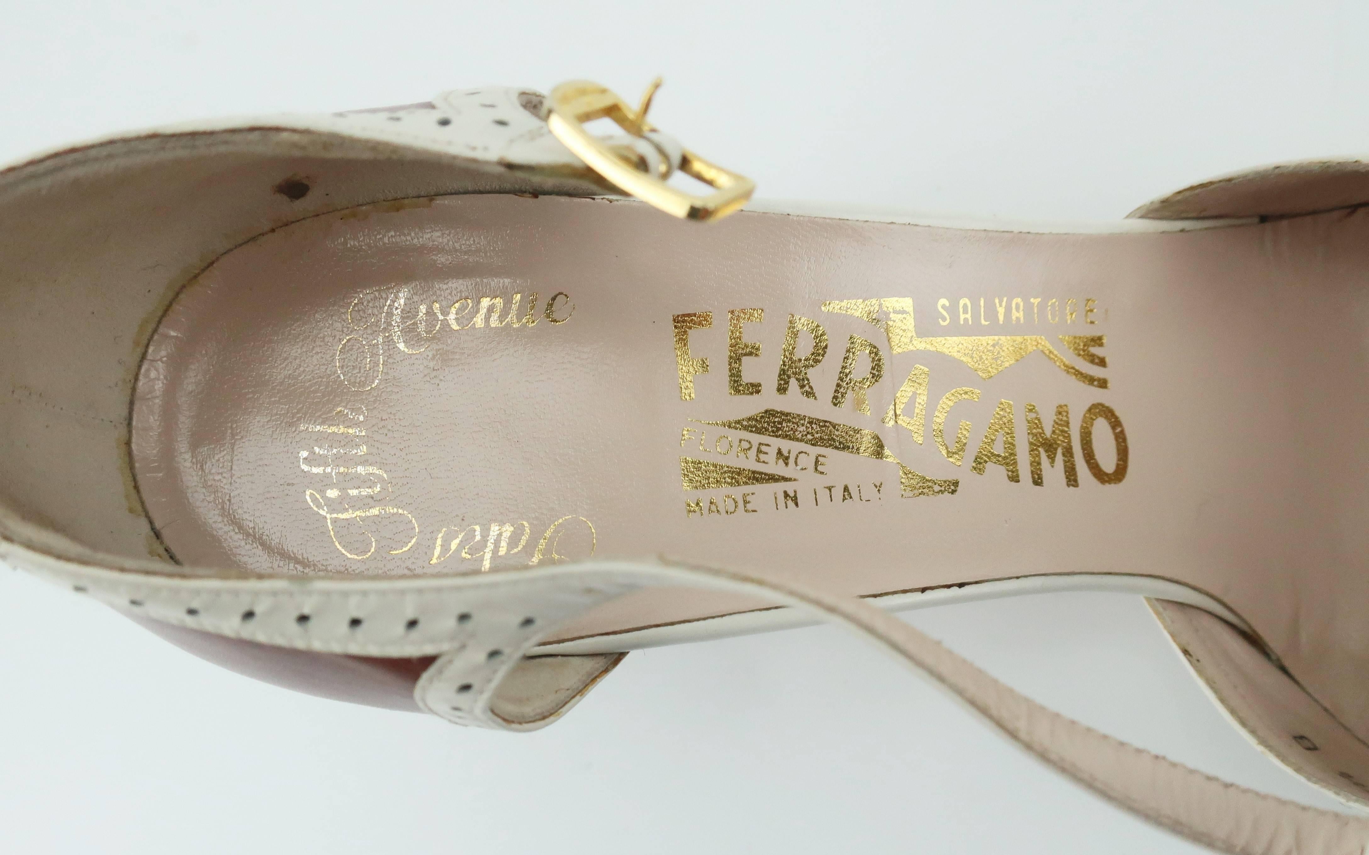 1980's Ferragamo Leather T-Strap Spectator Shoes Sz 7 1/2 4