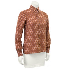 1980s Ferragamo Tan Silk Blouse with Logo Link Pattern