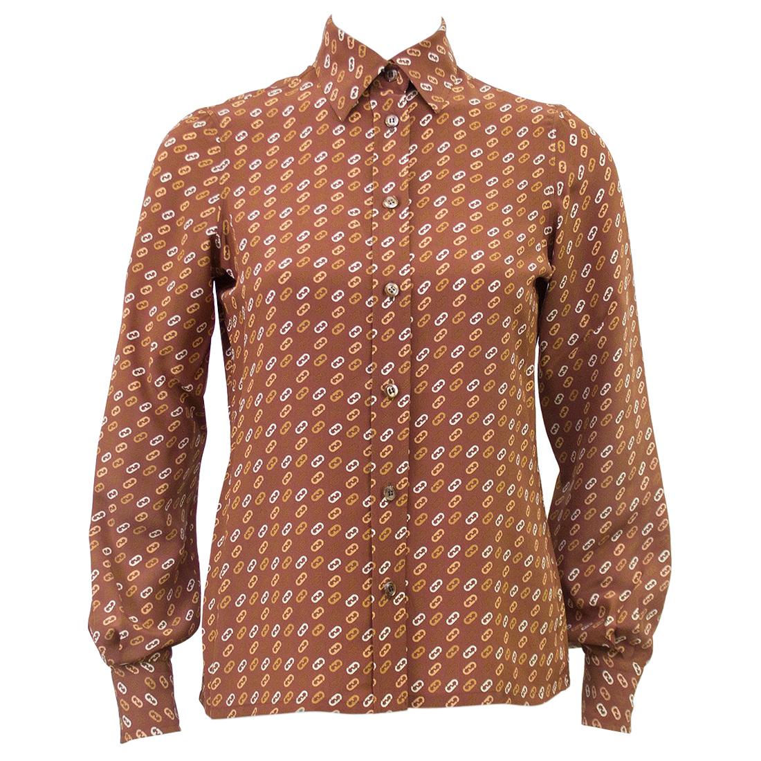 1980s Ferragamo Tan Silk Blouse with Logo Link Pattern For Sale