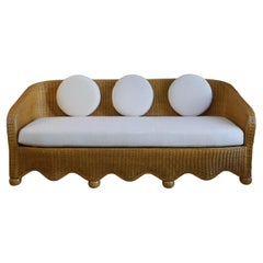 1980s Ficks Reed Rattan Scalloped Wicker Sofa and Ottoman