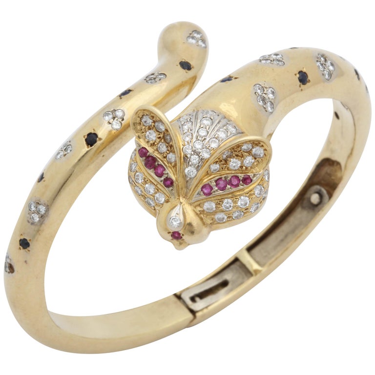 1980s Figural Animal Fox Design Sapphire, Ruby with Diamonds Bangle ...