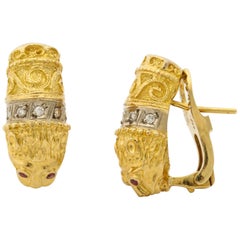 1980s Figural Lion Diamond and Ruby Textured Gold Clip-on Earrings with Posts