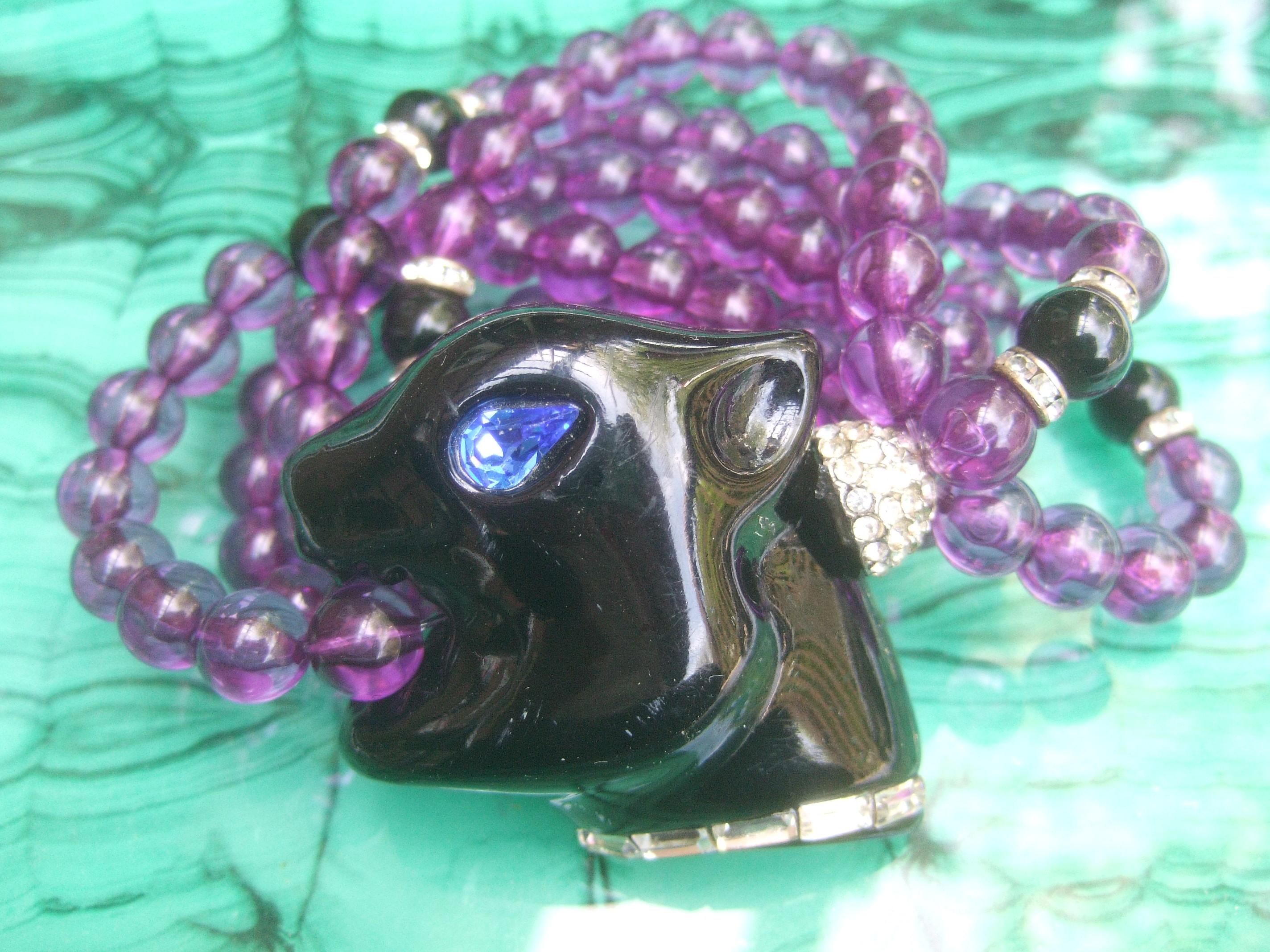 Women's 1980s Figural Lucite Panther's Head Jeweled Crystal Resin Beaded Bracelet  For Sale