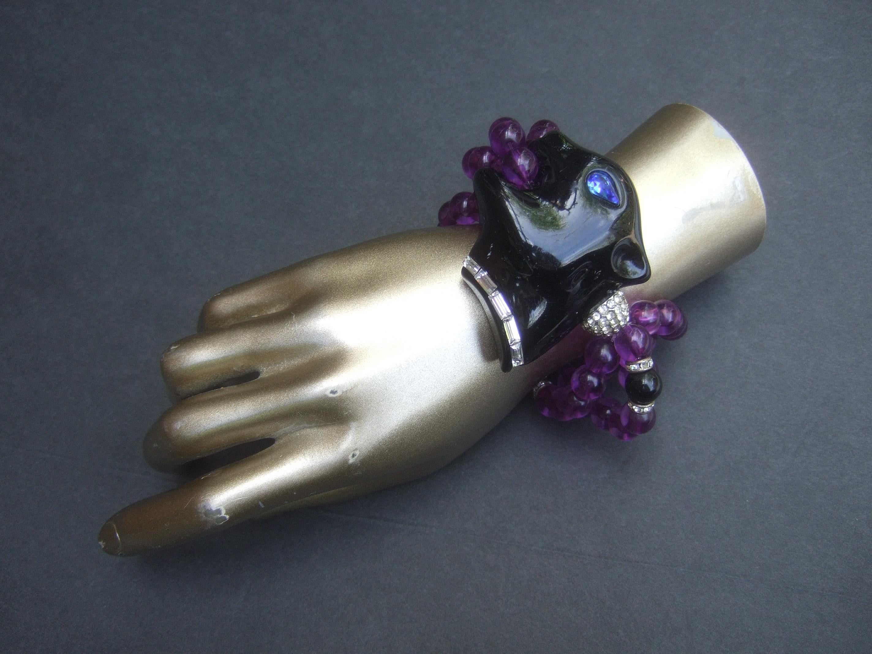 1980s Figural Lucite Panther's Head Jeweled Crystal Resin Beaded Bracelet  For Sale 1