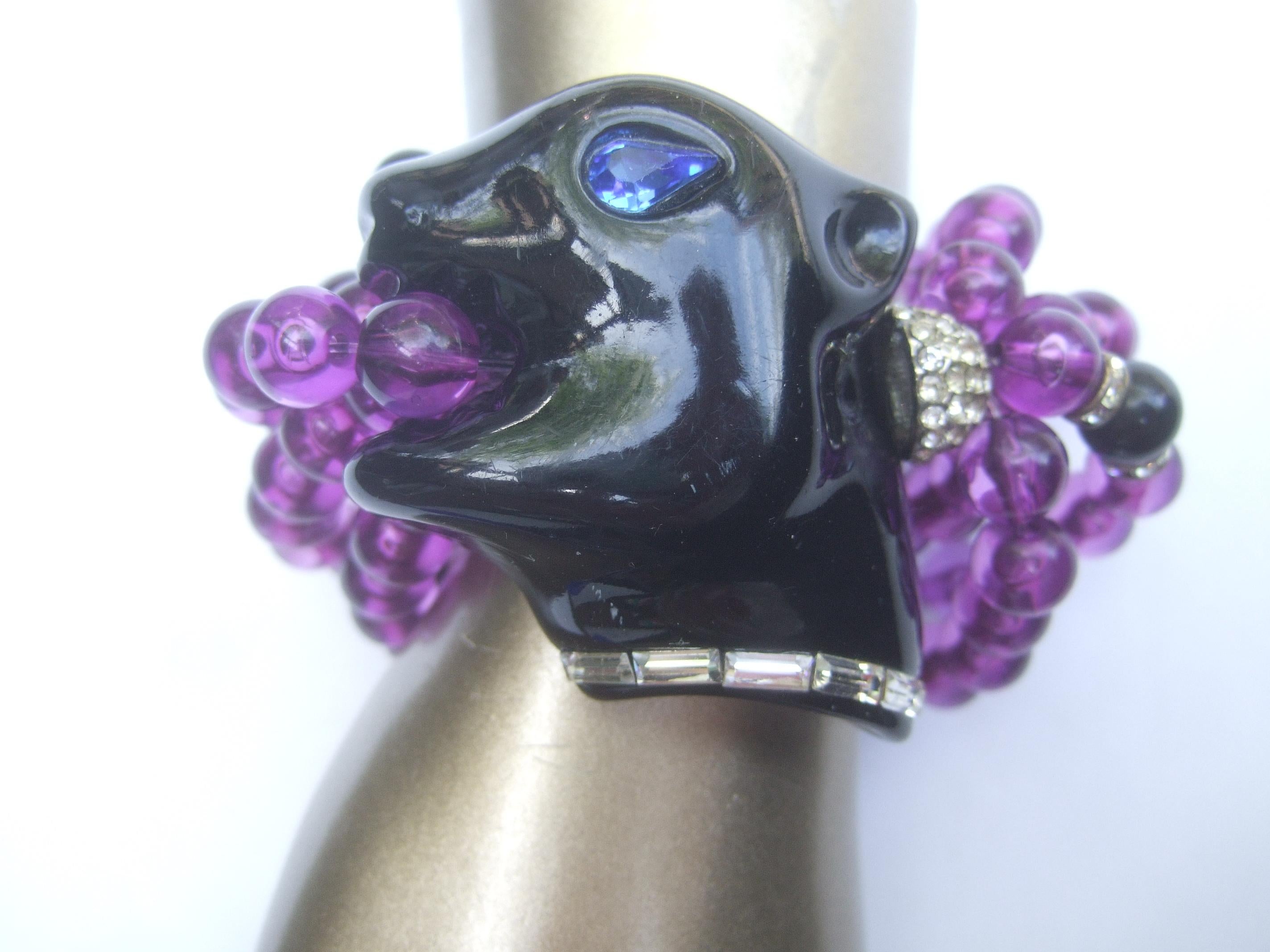 1980s Figural Lucite Panther's Head Jeweled Crystal Resin Beaded Bracelet  For Sale 2