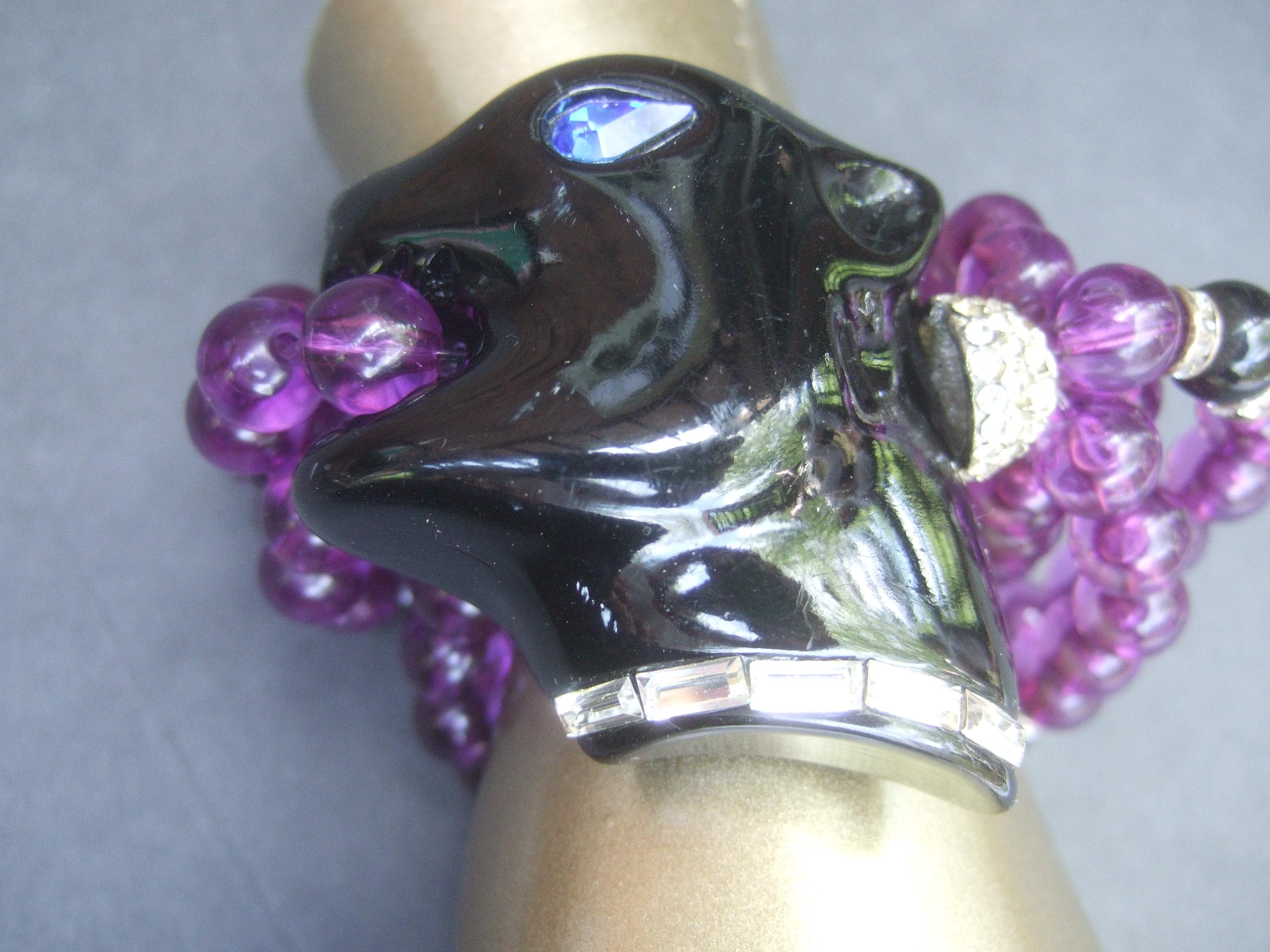 1980s Figural Lucite Panther's Head Jeweled Crystal Resin Beaded Bracelet  For Sale 4