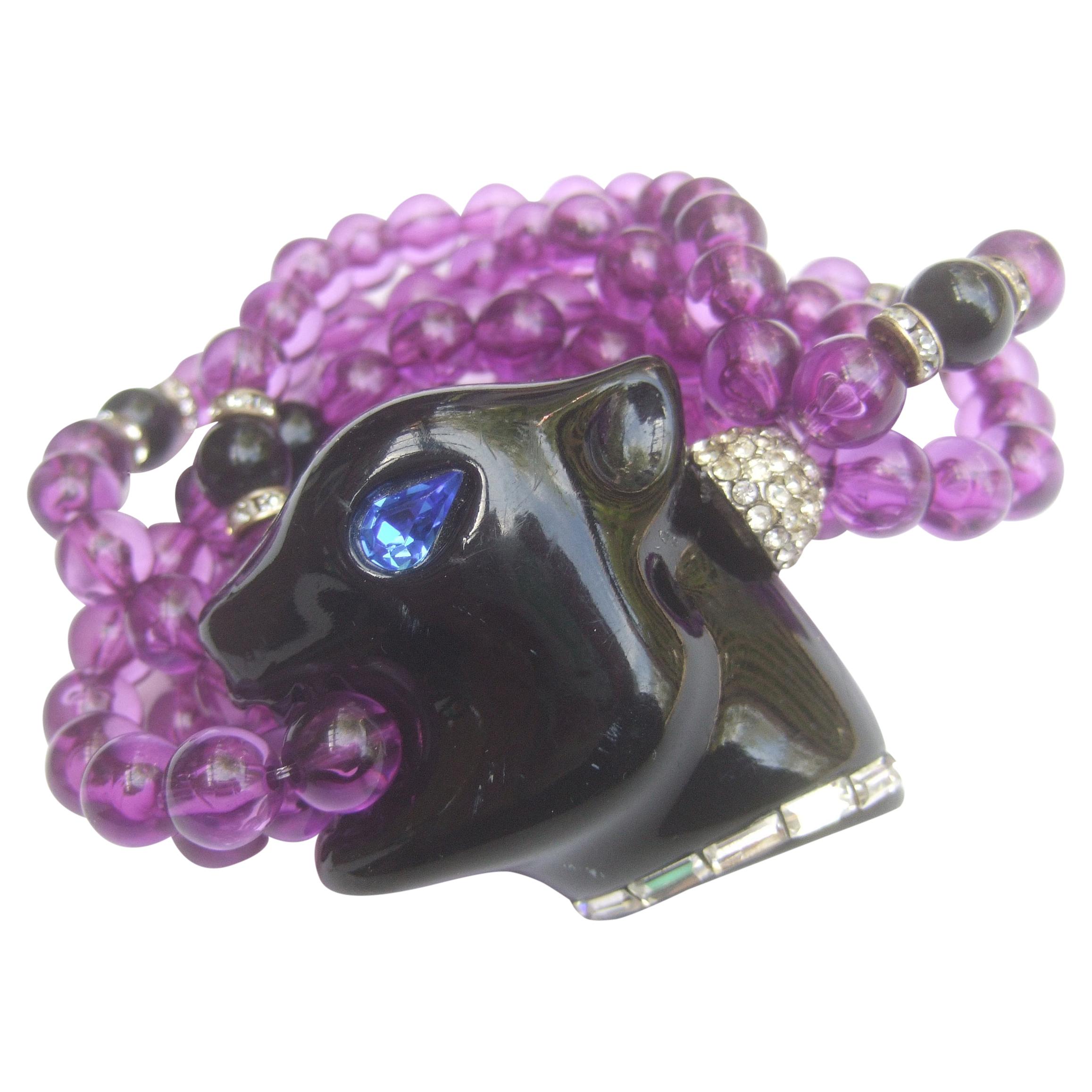 1980s Figural Lucite Panther's Head Jeweled Crystal Resin Beaded Bracelet 