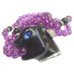 1980s Figural Lucite Panther's Head Jeweled Crystal Resin Beaded Bracelet 