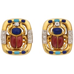 Vintage 1980s Figural Scarab Lapis, Turquoise, Rhodolite, with Diamonds Gold Earclips