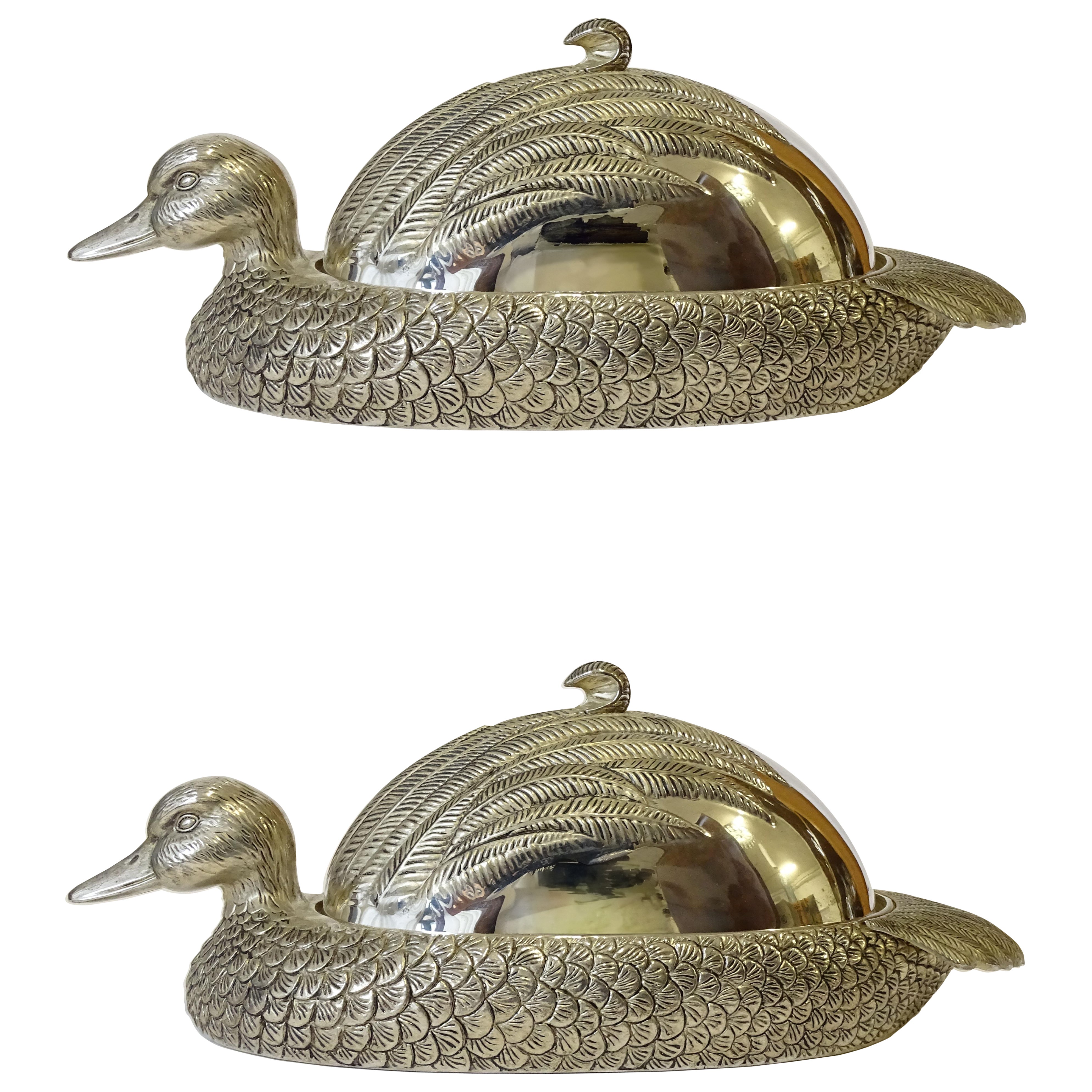 1980s Figural Silver-Plated Swimming Duck Serving Dishes, Set of Two For Sale