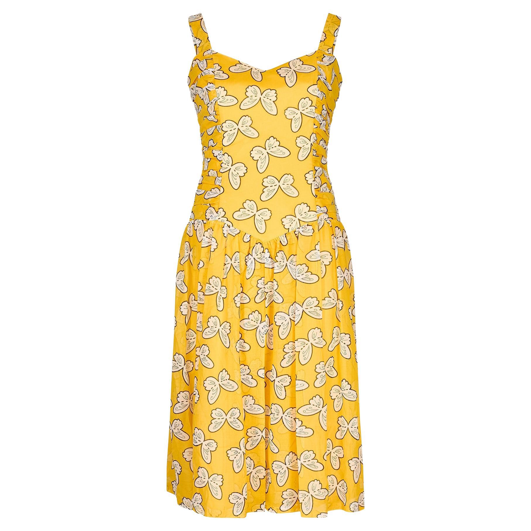 1980 Model No Deadstock Robe en coton imprimé papillon jaune en vente