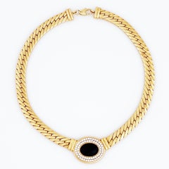 1980s Flat Chain Necklace w Black Glass Cabochon & Crystal Pavé by Bijoux Cascio