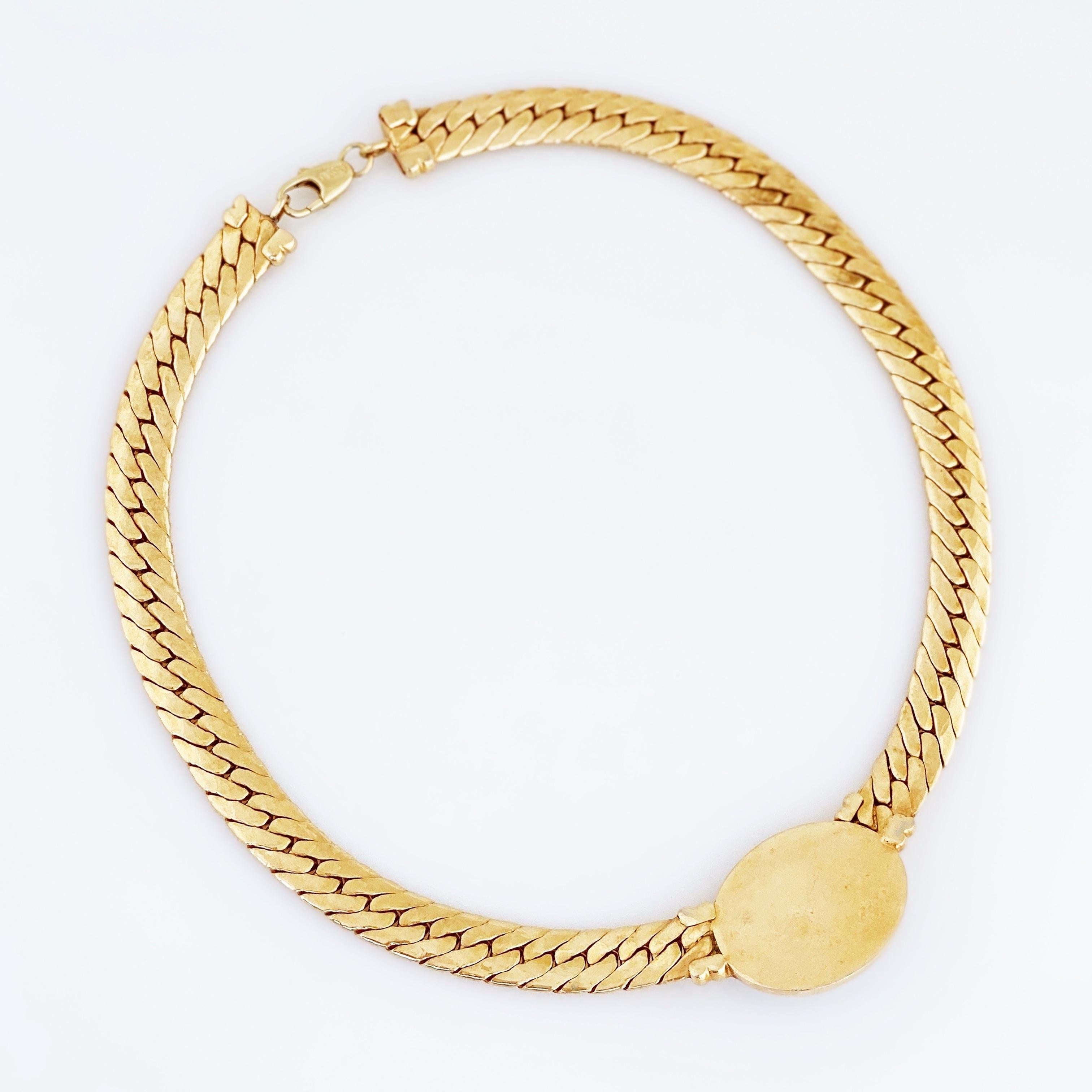 Modern 1980s Flat Chain Necklace w Black Glass Cabochon & Crystal Pavé by Bijoux Cascio