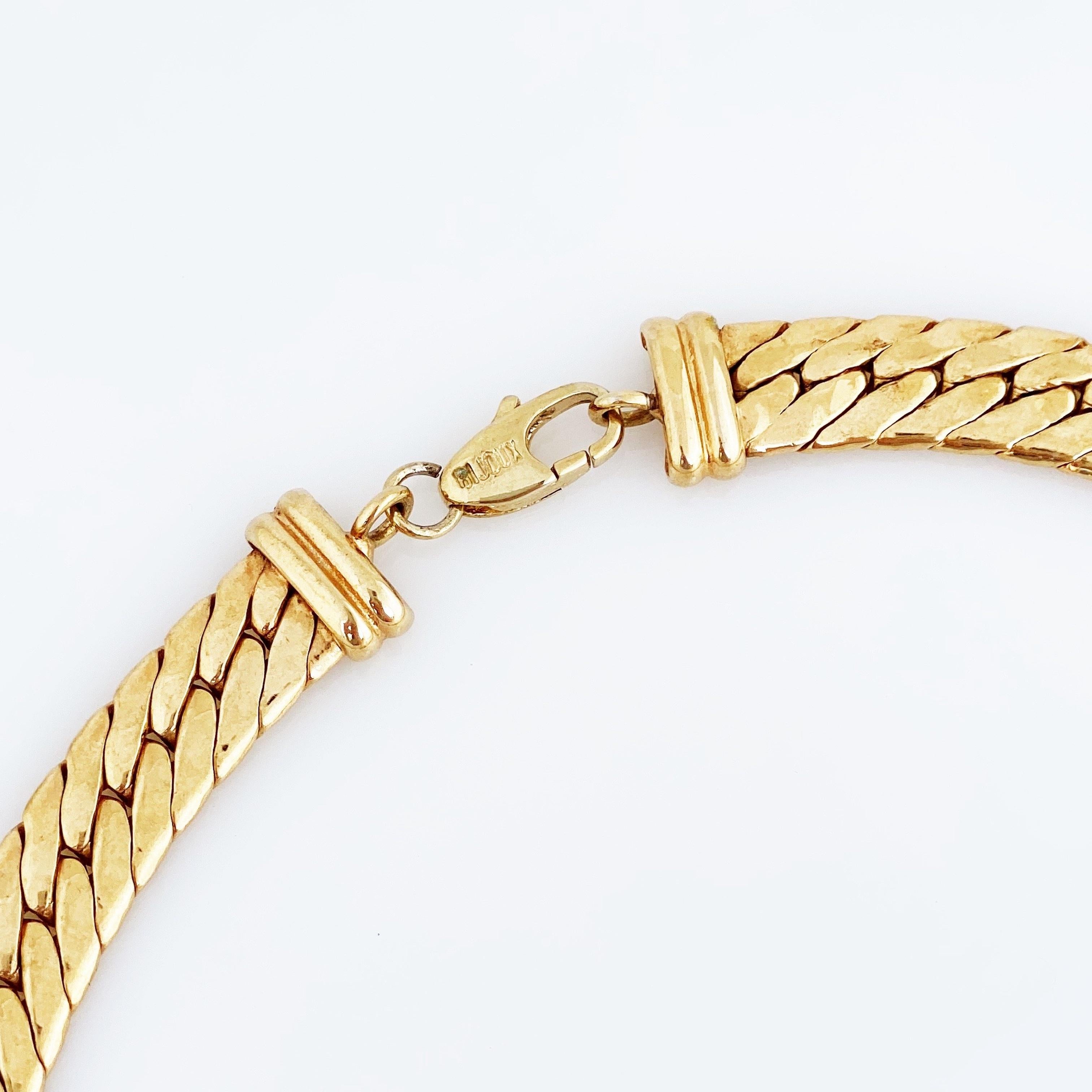 1980s Flat Chain Necklace w Black Glass Cabochon & Crystal Pavé by Bijoux Cascio In Good Condition In McKinney, TX