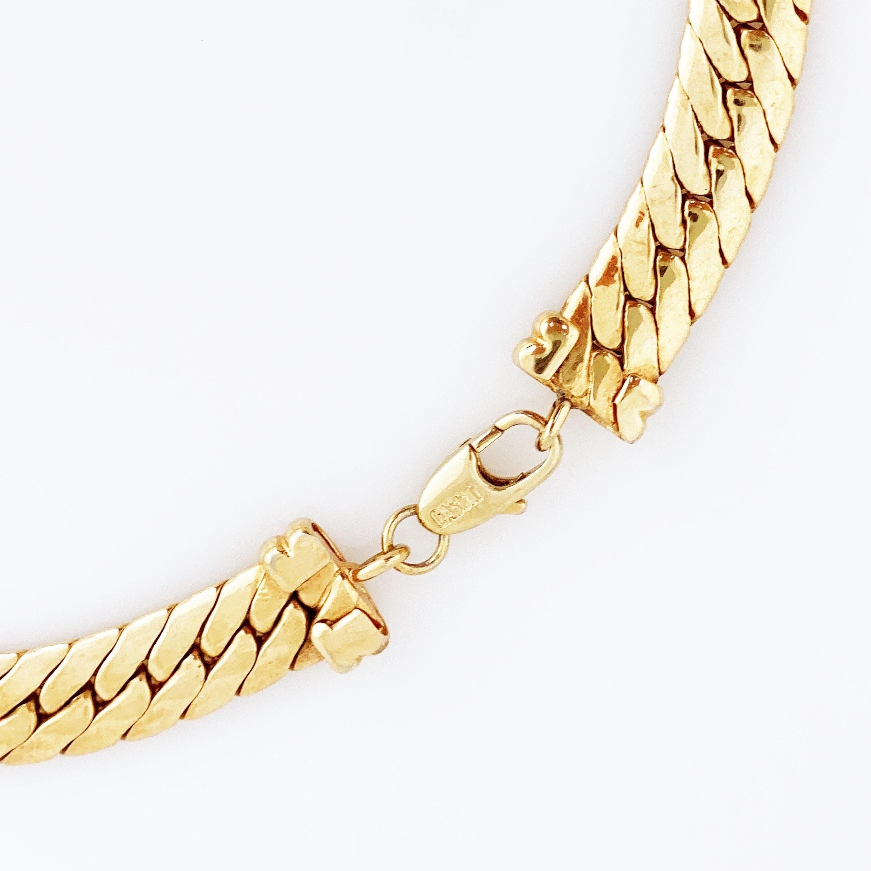 Women's 1980s Flat Chain Necklace w Black Glass Cabochon & Crystal Pavé by Bijoux Cascio