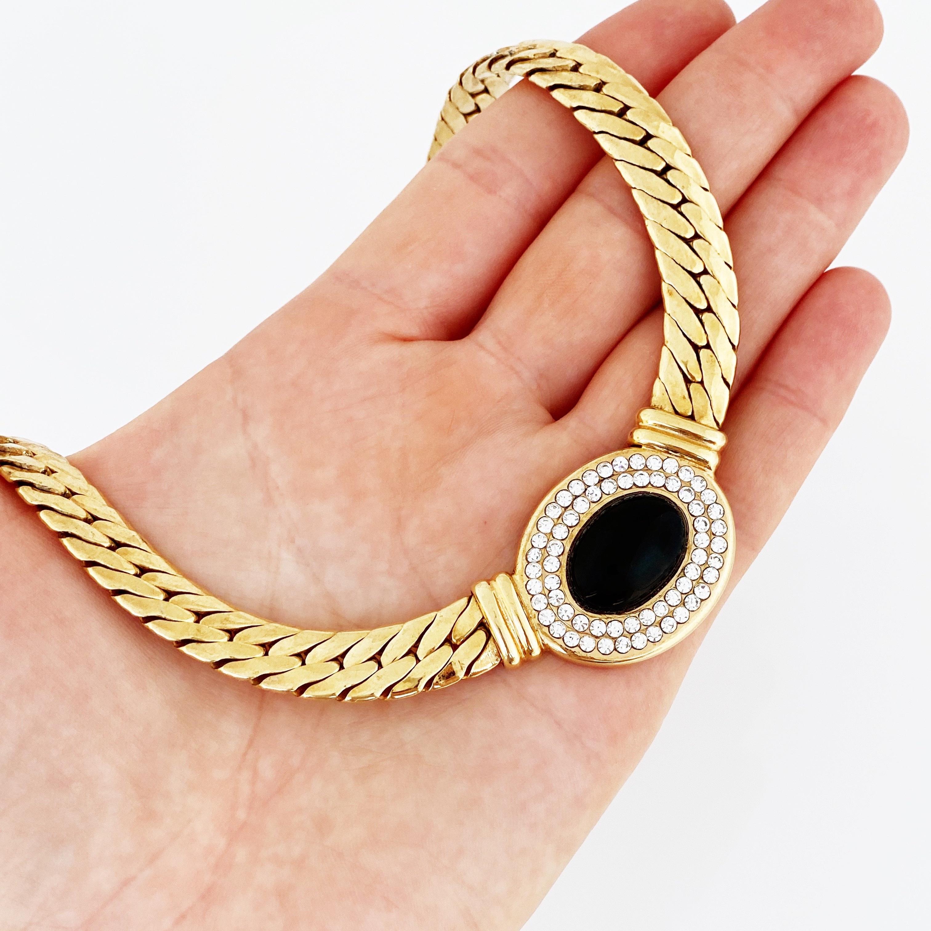 1980s Flat Chain Necklace w Black Glass Cabochon & Crystal Pavé by Bijoux Cascio 1
