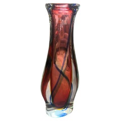 1980s Flavio Poli Modern Pink Blue and Yellow Sommerso Murano Glass Tall Vase