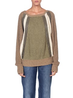 Pull à manches en tricot flanelle vert olive et camel avec anneau en plumes, taille S, années 1980