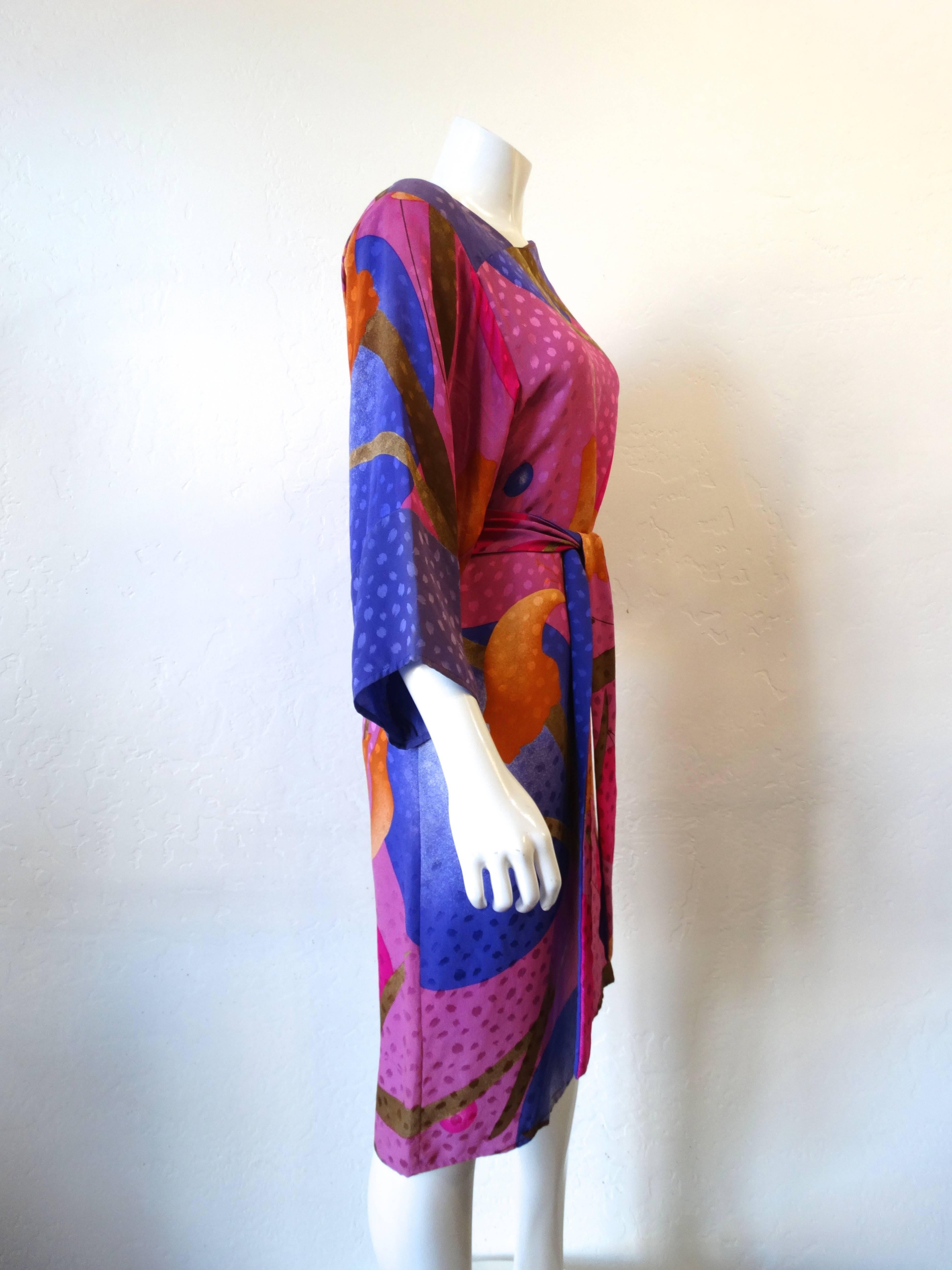 1980s Flora Kung Floral Silk Dress  In Excellent Condition In Scottsdale, AZ