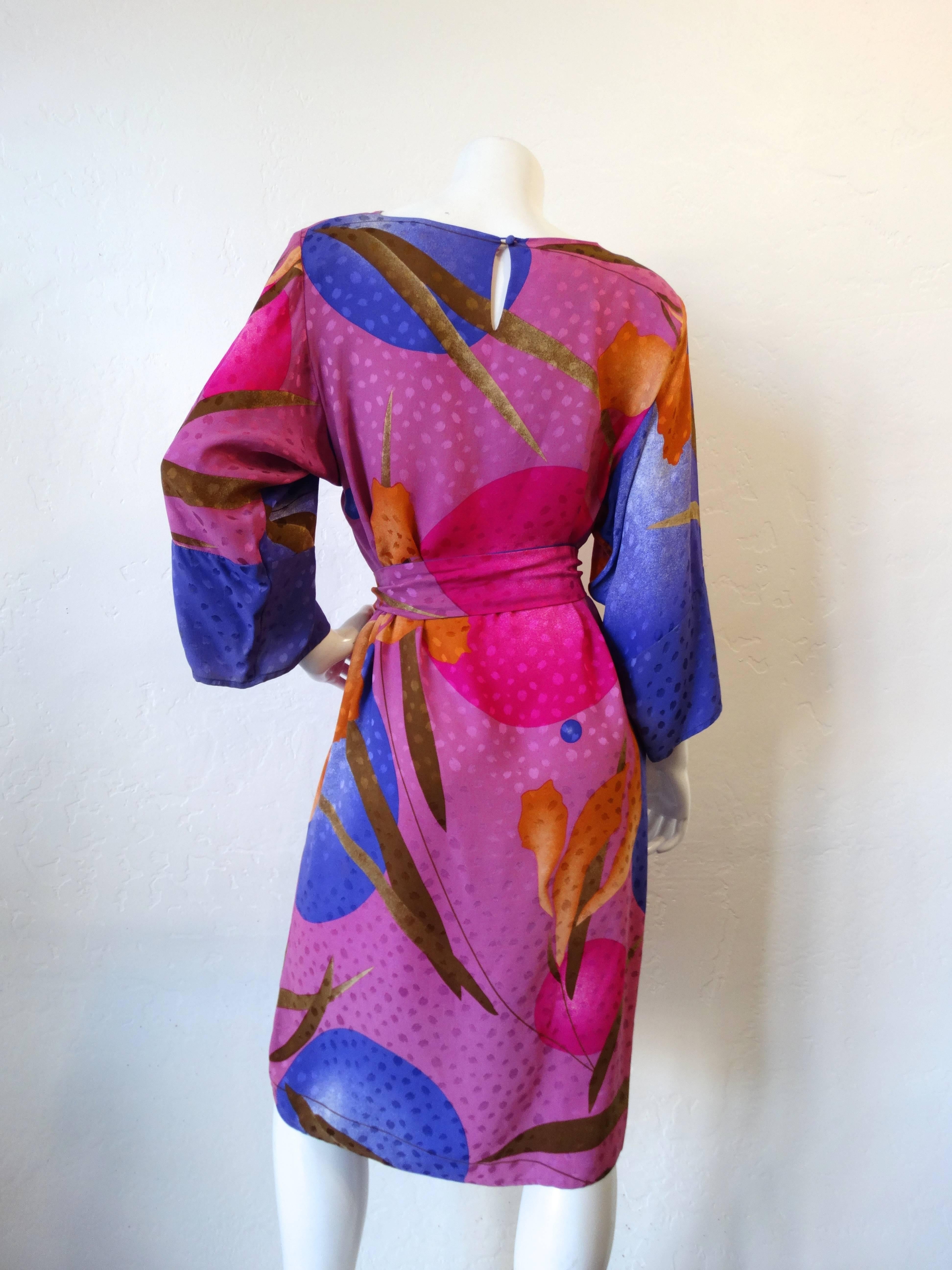 Women's 1980s Flora Kung Floral Silk Dress 