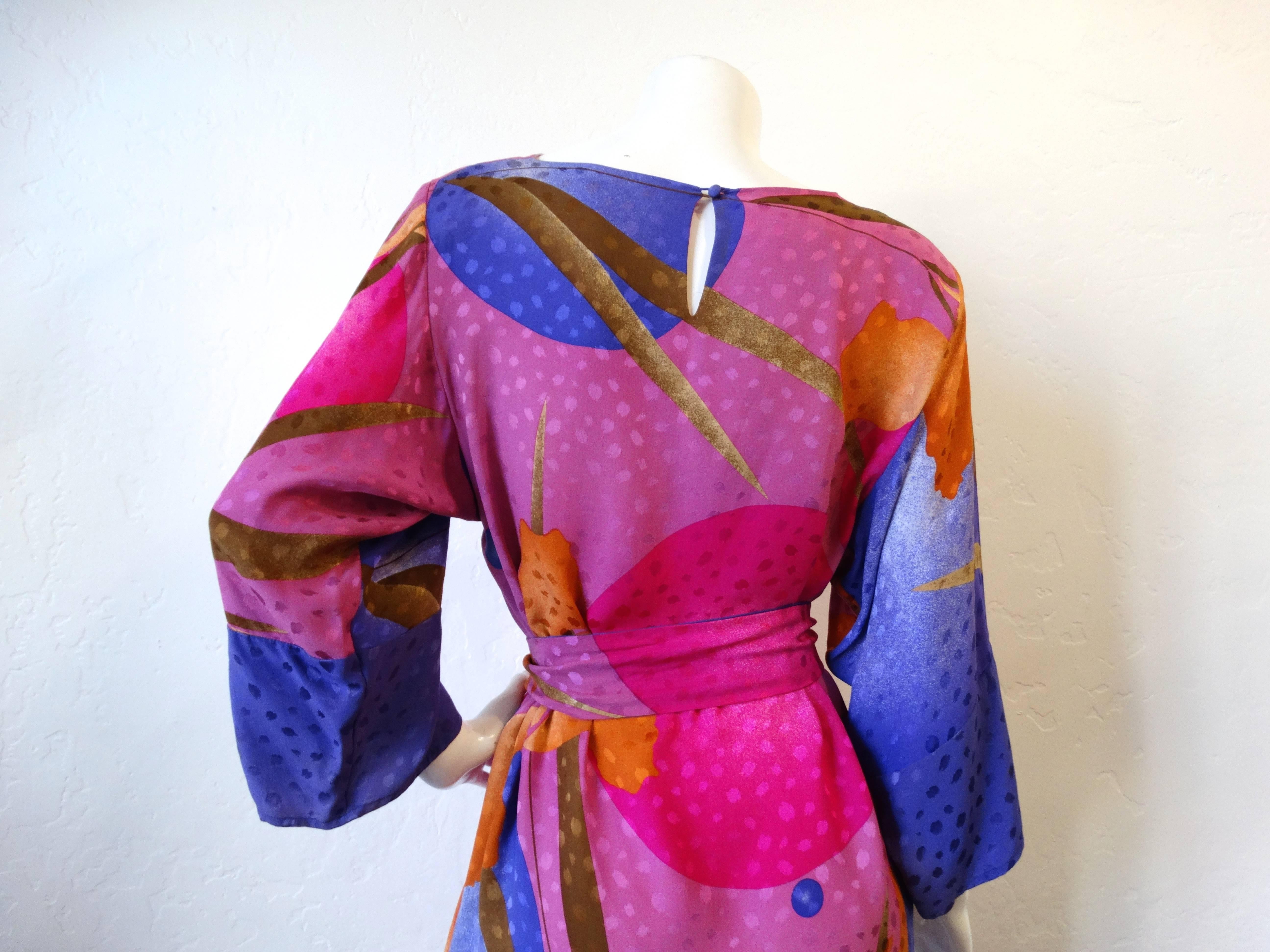 1980s Flora Kung Floral Silk Dress 1