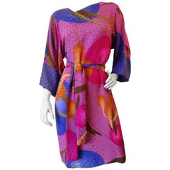 1980s Flora Kung Floral Silk Dress
