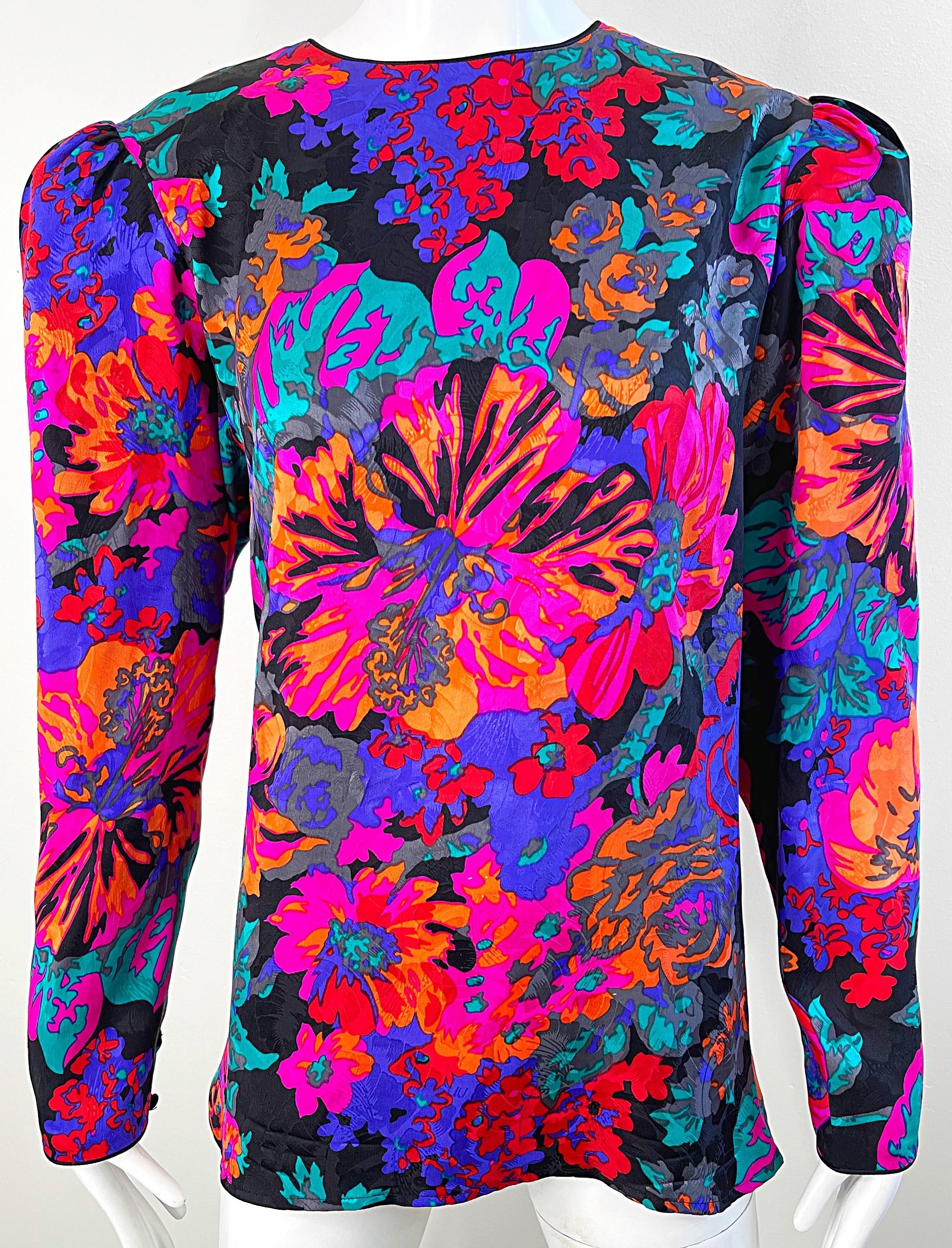 Flora Kung Vintage Bluse mit tropischem, leuchtendem Hawaii-Hibiskus, Größe 12  im Angebot 11