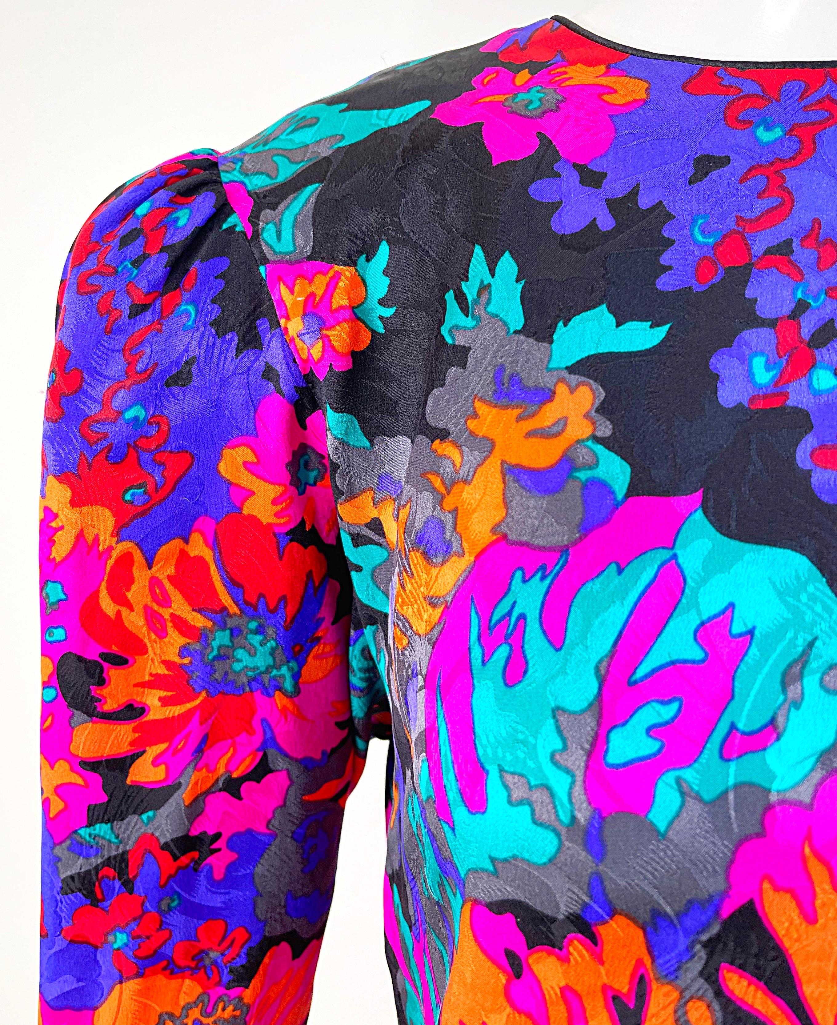 1980s Flora Kung Size 12 Hibiscus Tropical Bright Color Hawaiian Vintage Blouse  For Sale 1
